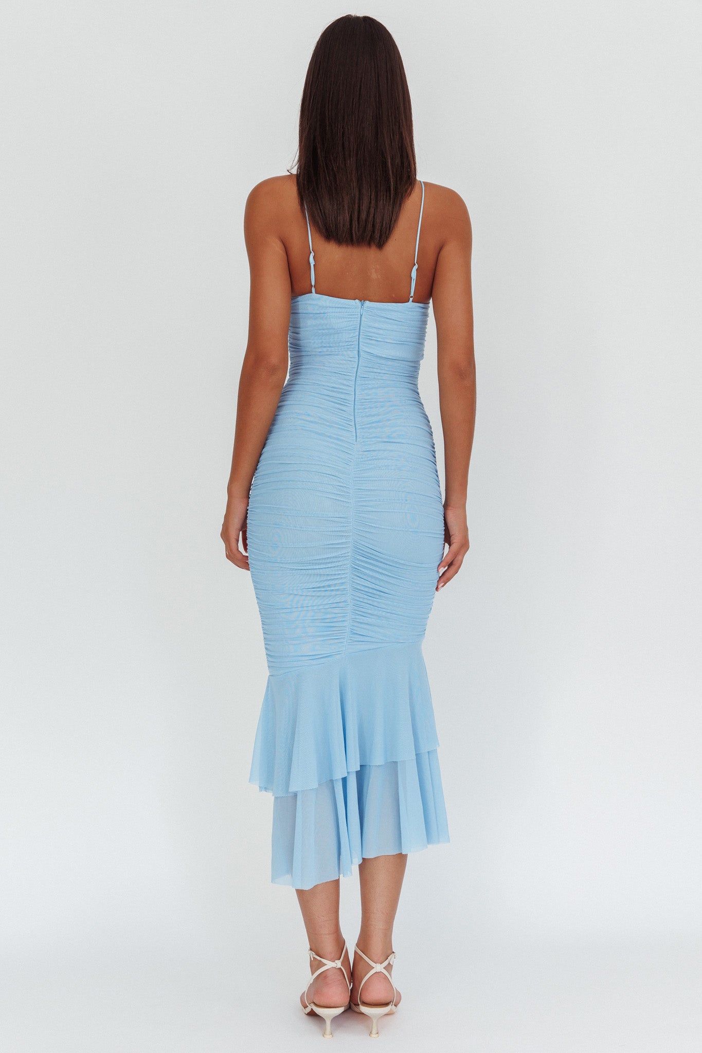 Abito midi Nadia con volant e scollo arricciato Blu