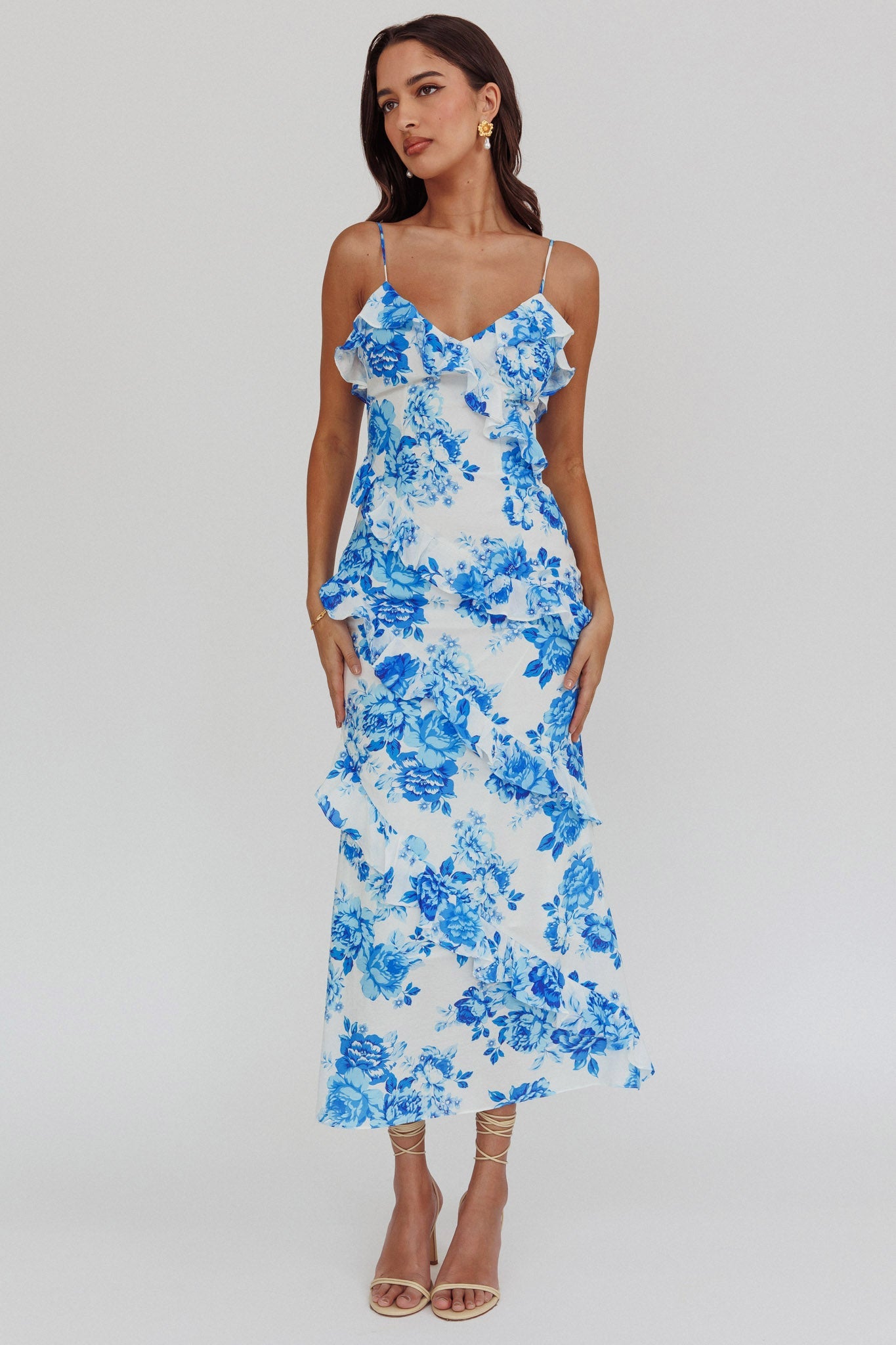Abito lungo con volant Silvana blu floreale