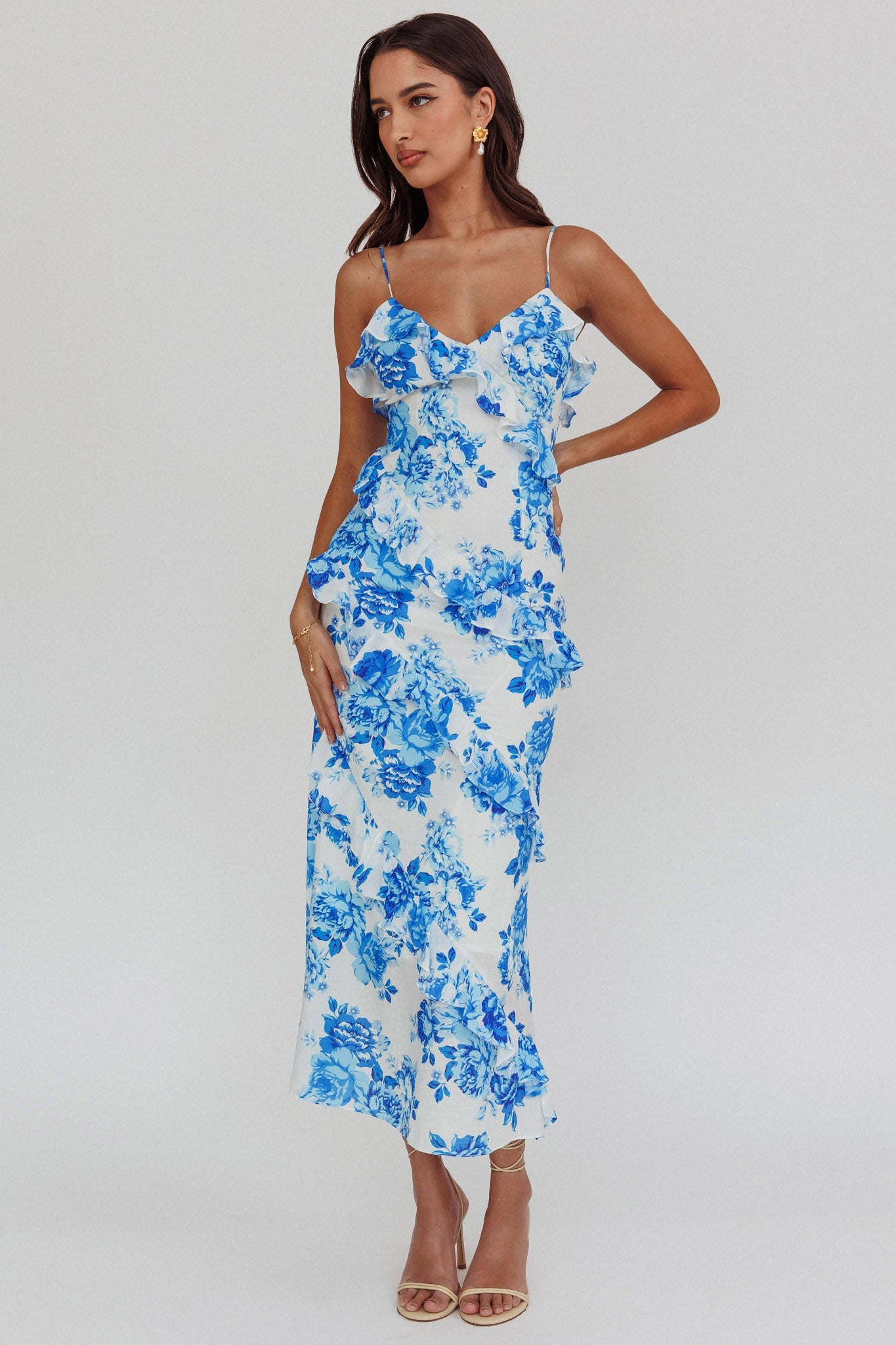 Abito lungo con volant Silvana blu floreale