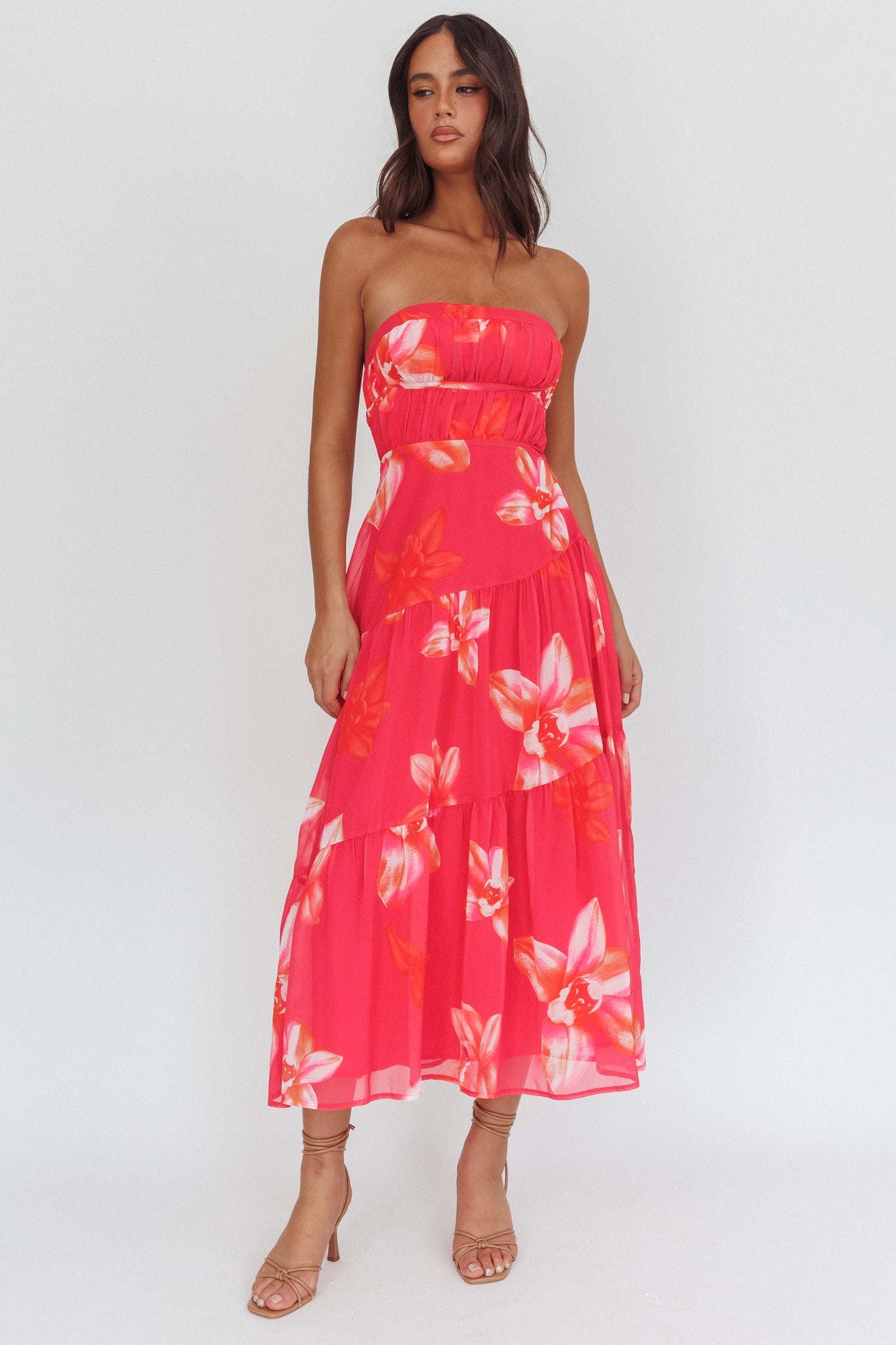 Abito midi con spalline e schiena scoperta South Pacific, lunghezza media, floreale, rosa
