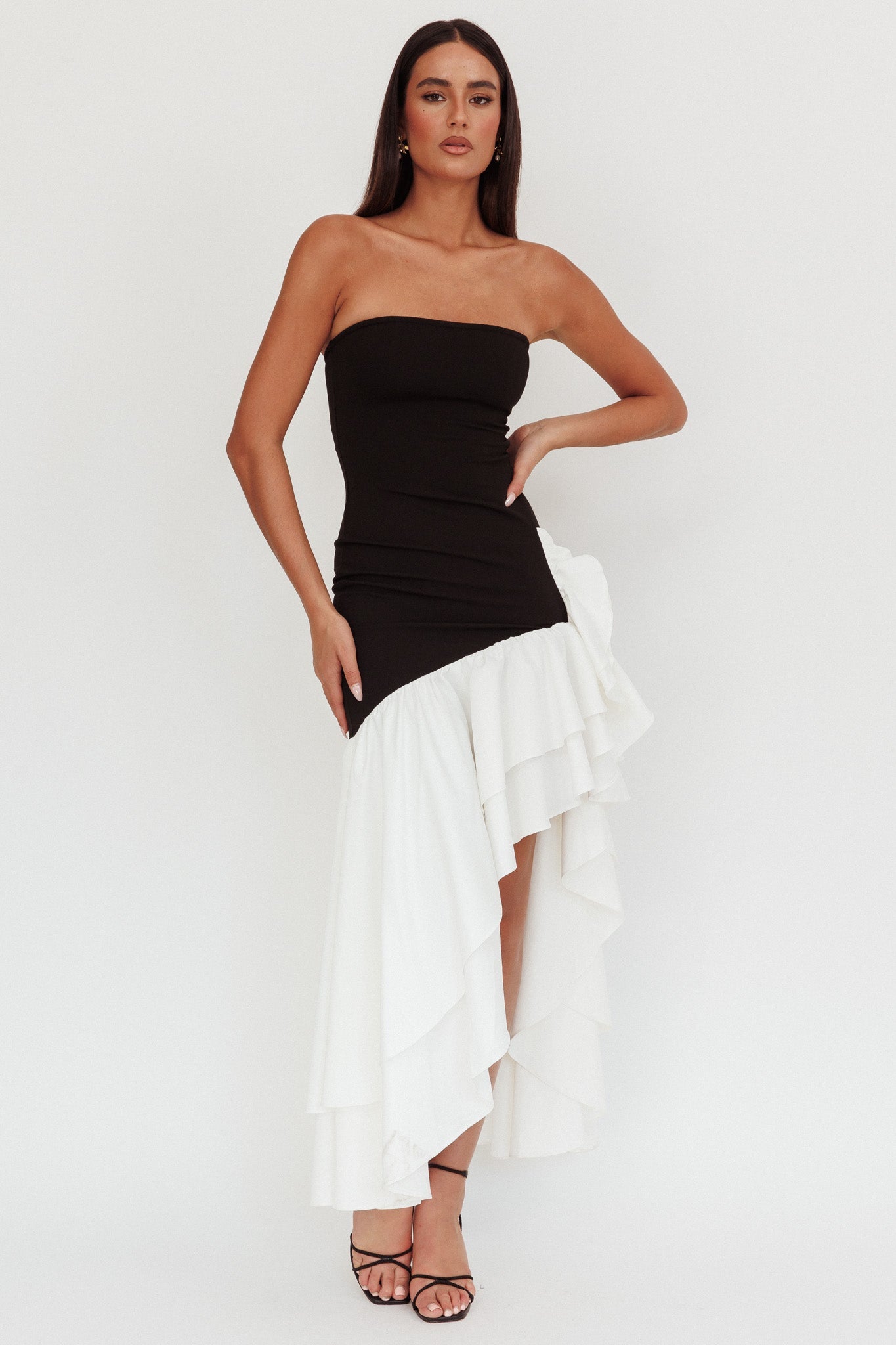 Abito Cha Cha senza spalline con spacco sulla coscia nero/bianco