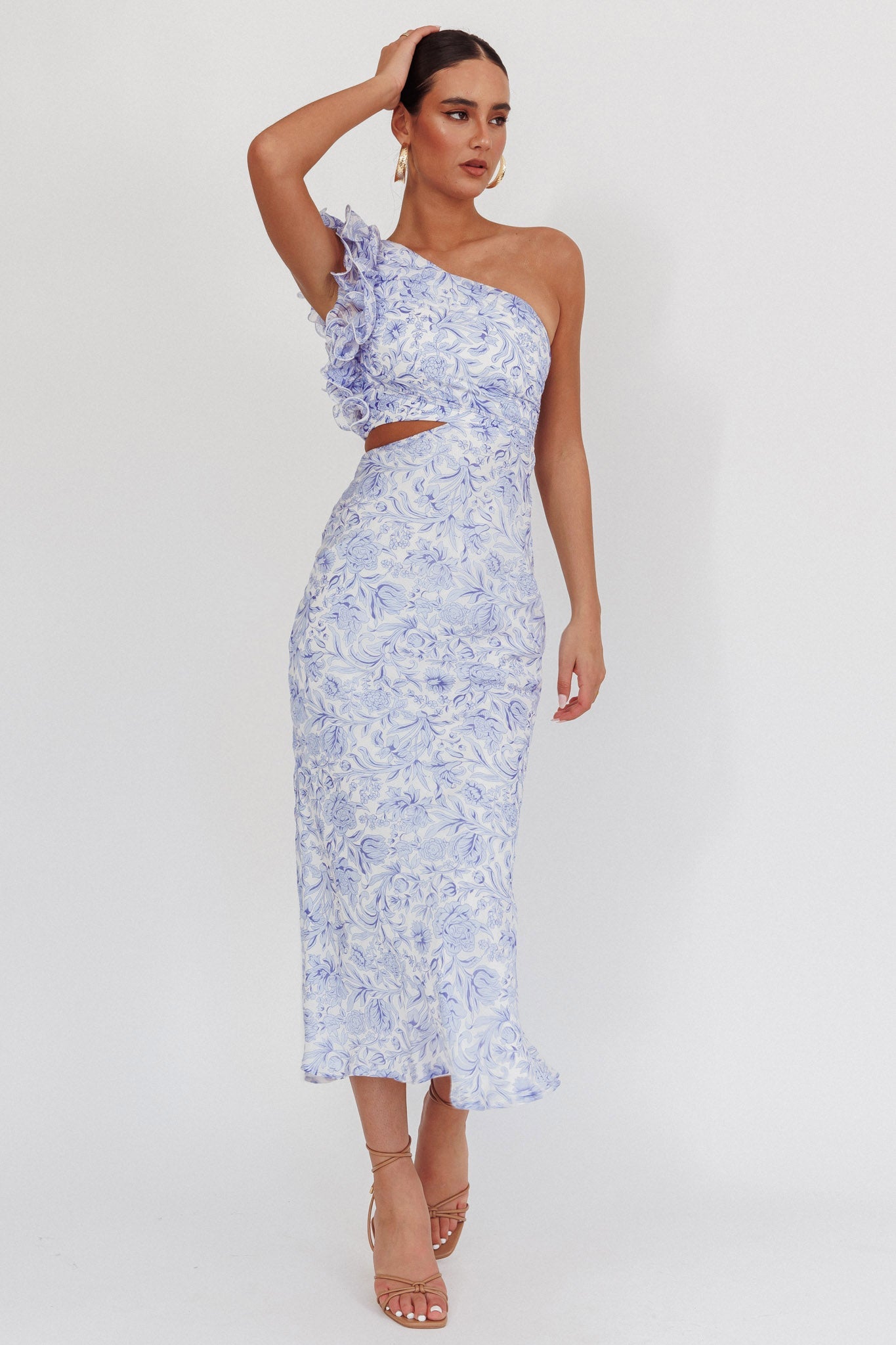Abito midi monospalla con volant Deanna blu floreale