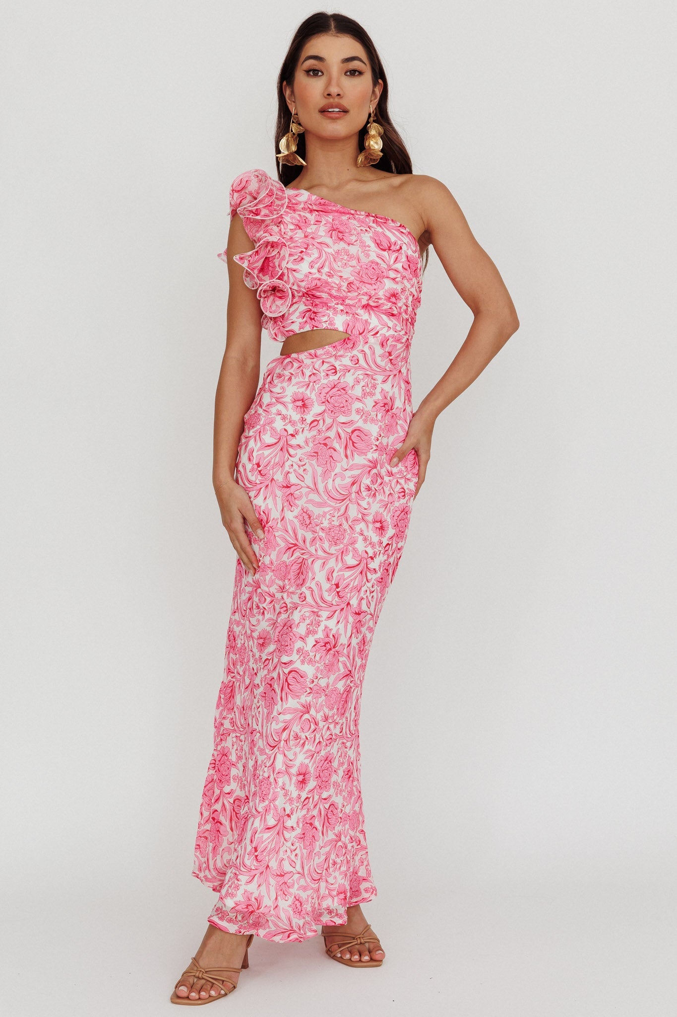 Abito midi monospalla con volant Deanna, rosa floreale