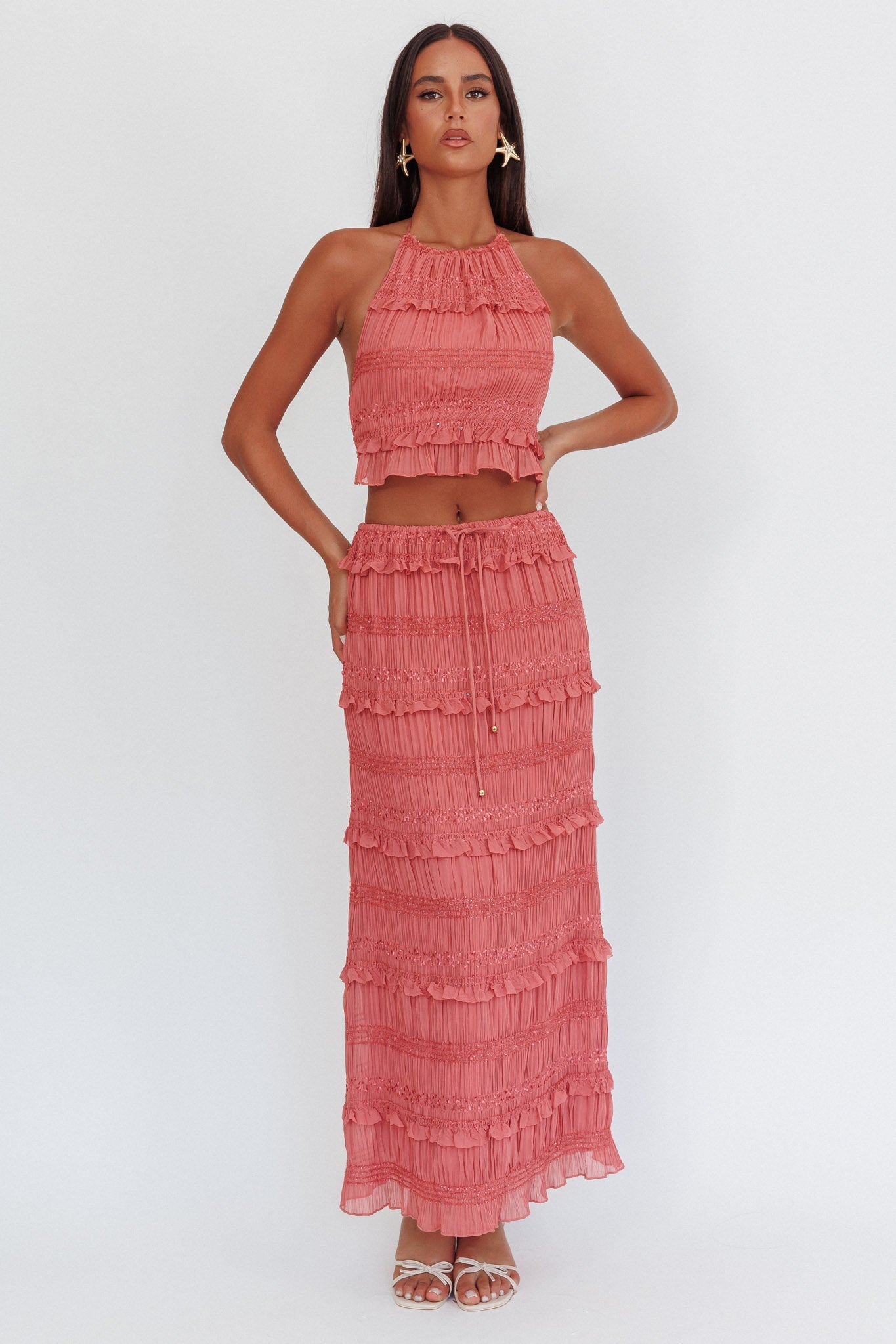 Gonna lunga con paillettes arricciate Helios rosa