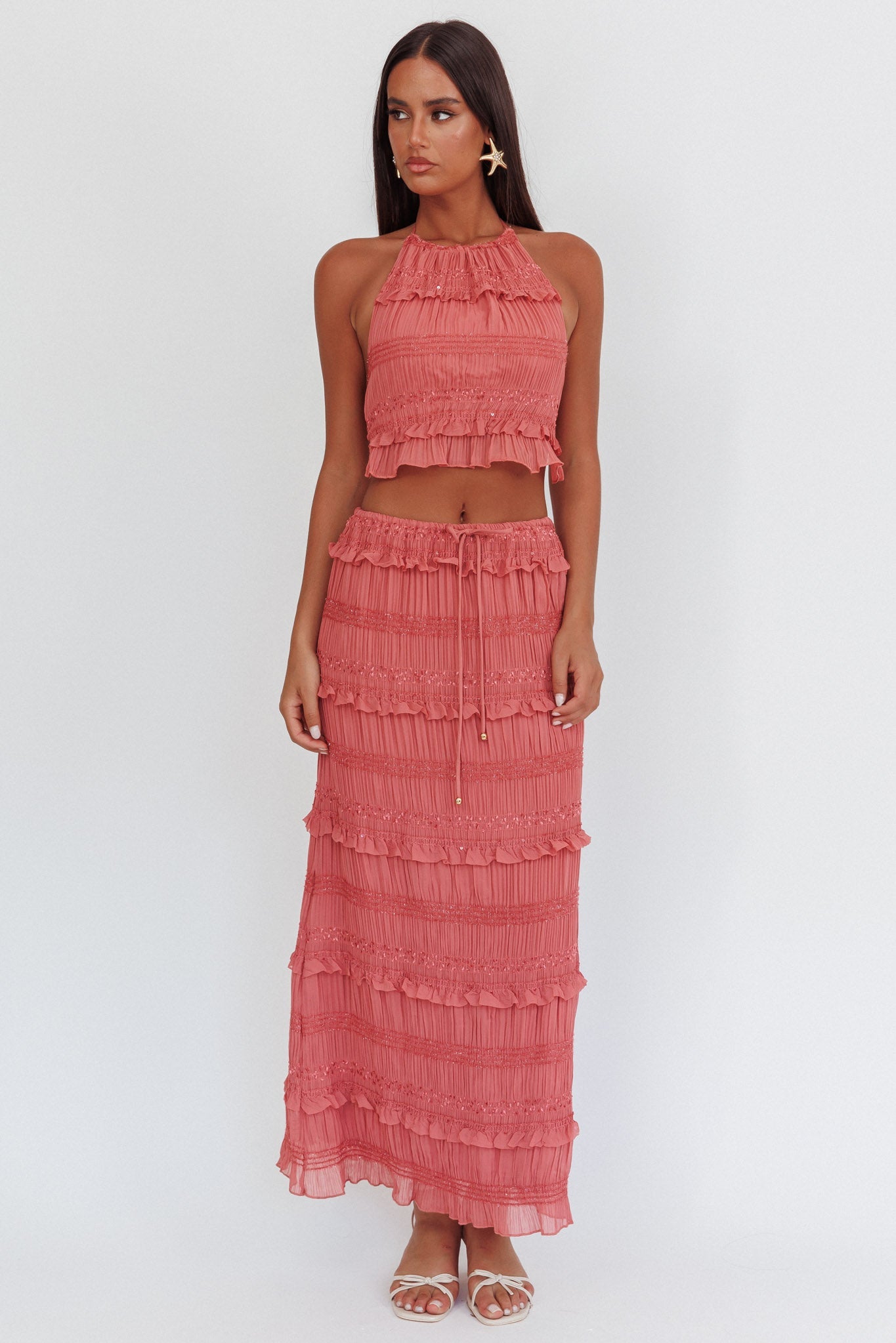 Gonna lunga con paillettes arricciate Helios rosa