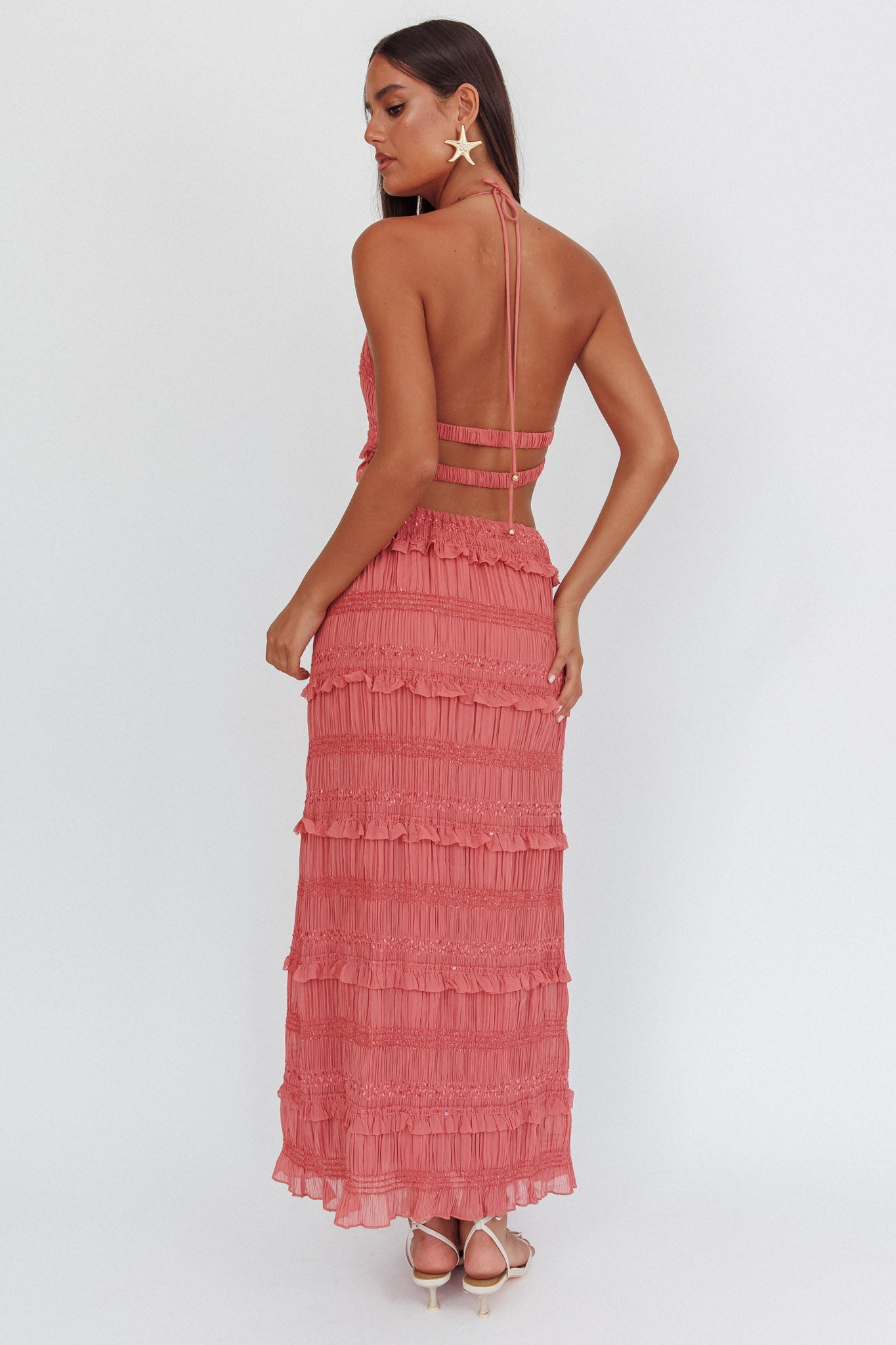 Gonna lunga con paillettes arricciate Helios rosa
