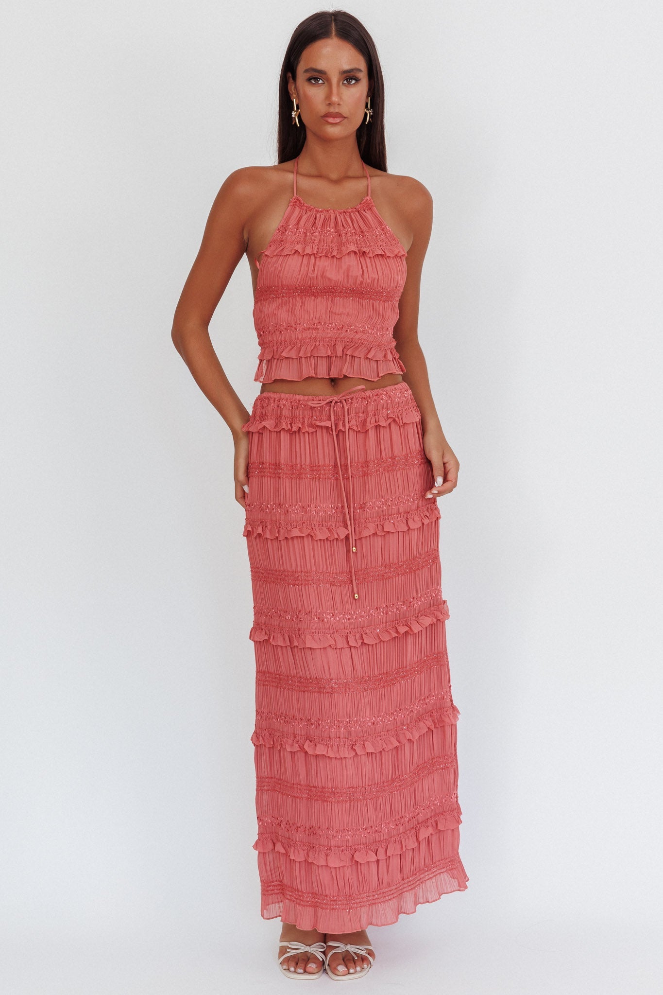 Gonna lunga con paillettes arricciate Helios rosa