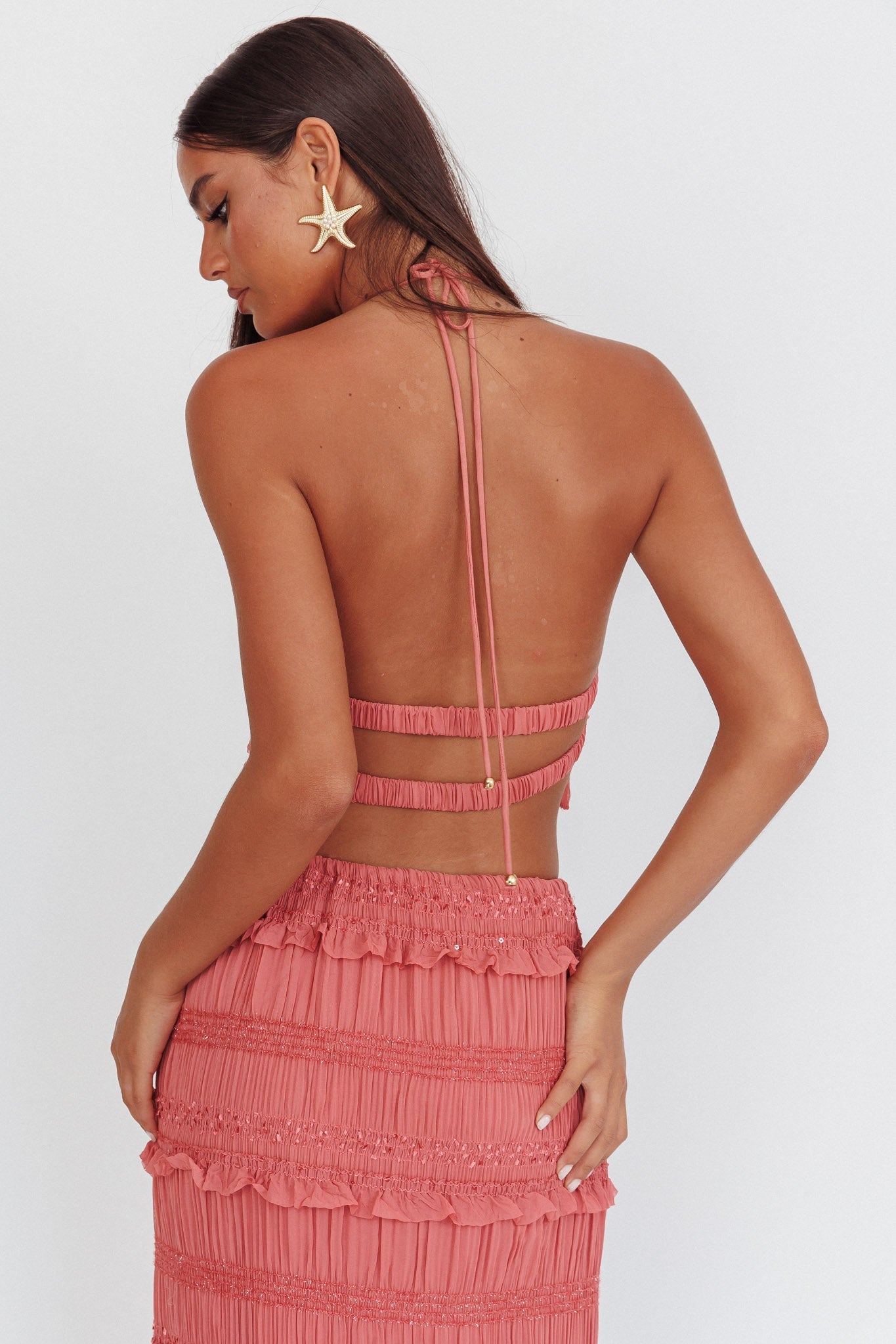 Top con scollo all'americana e paillettes arricciate Helios Rosa