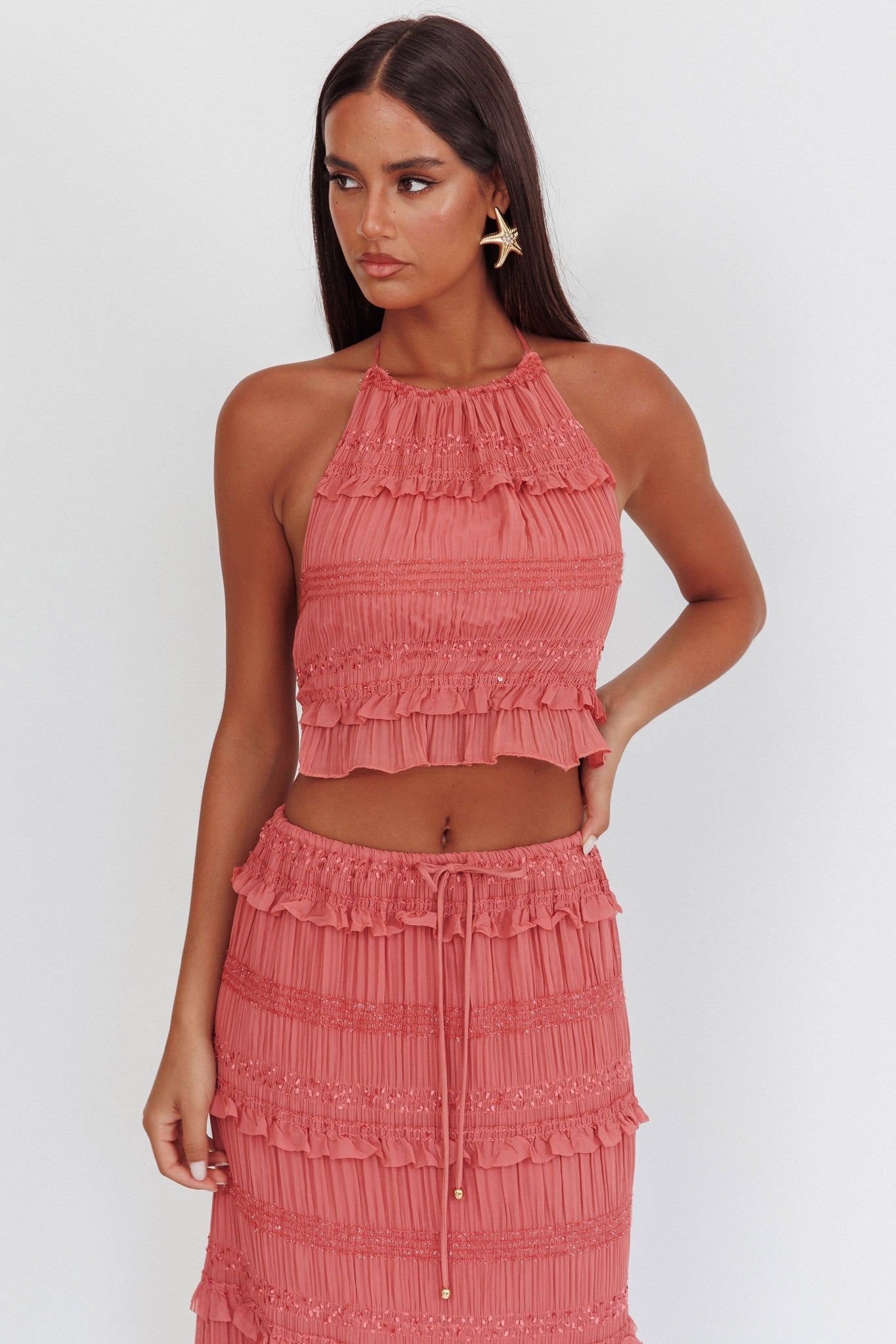 Top con scollo all'americana e paillettes arricciate Helios Rosa