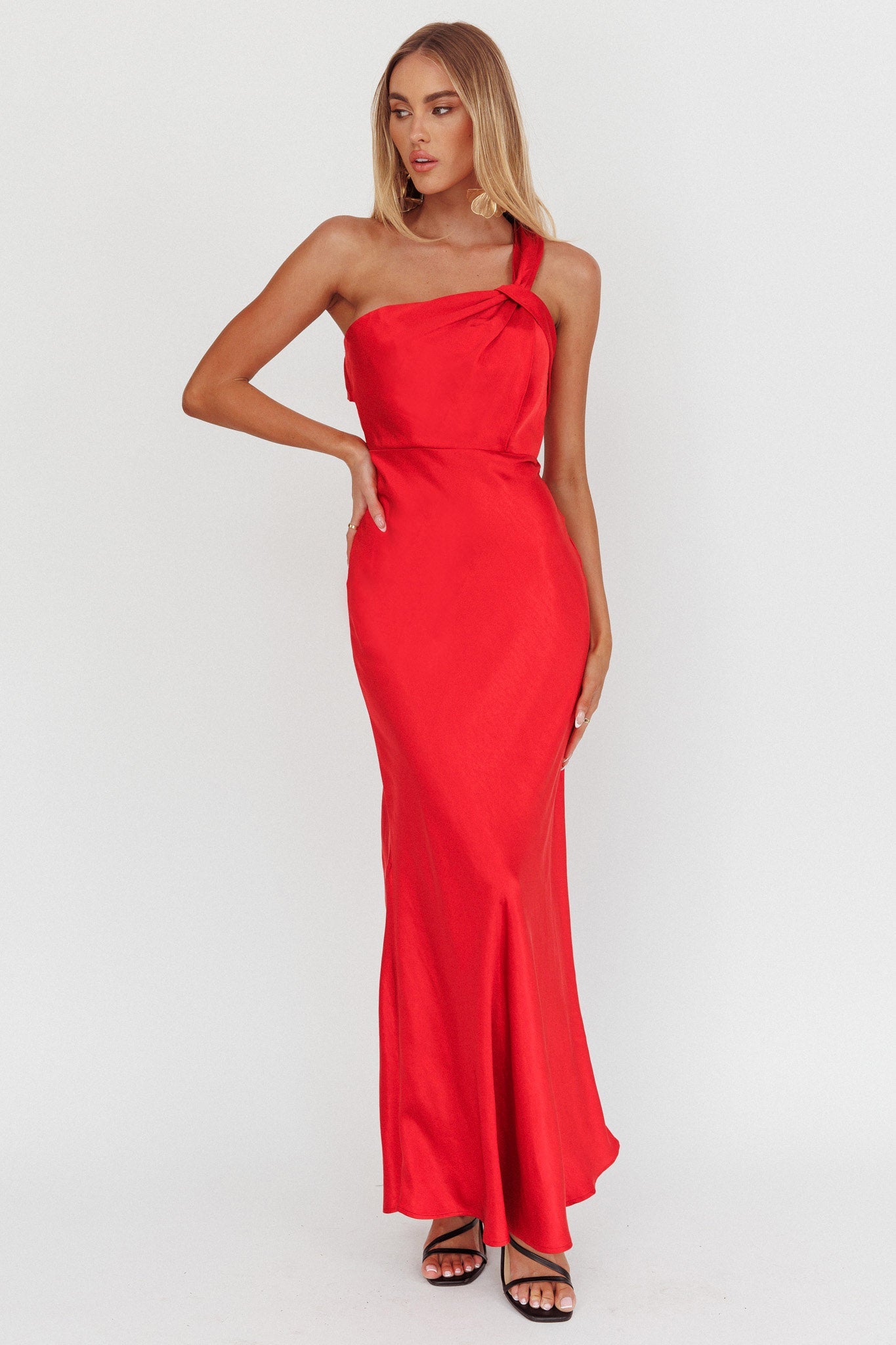 Abito lungo monospalla in raso Fly Love rosso