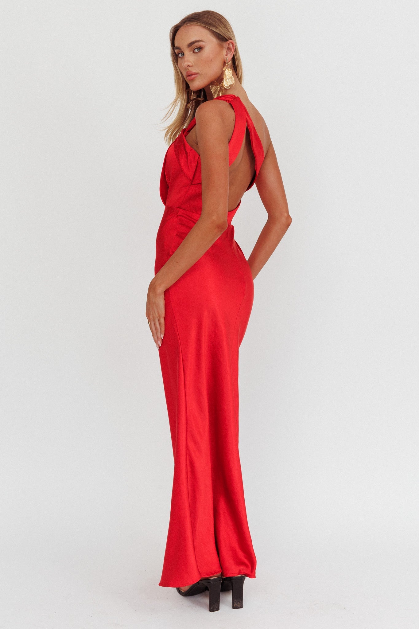 Abito lungo monospalla in raso Fly Love rosso