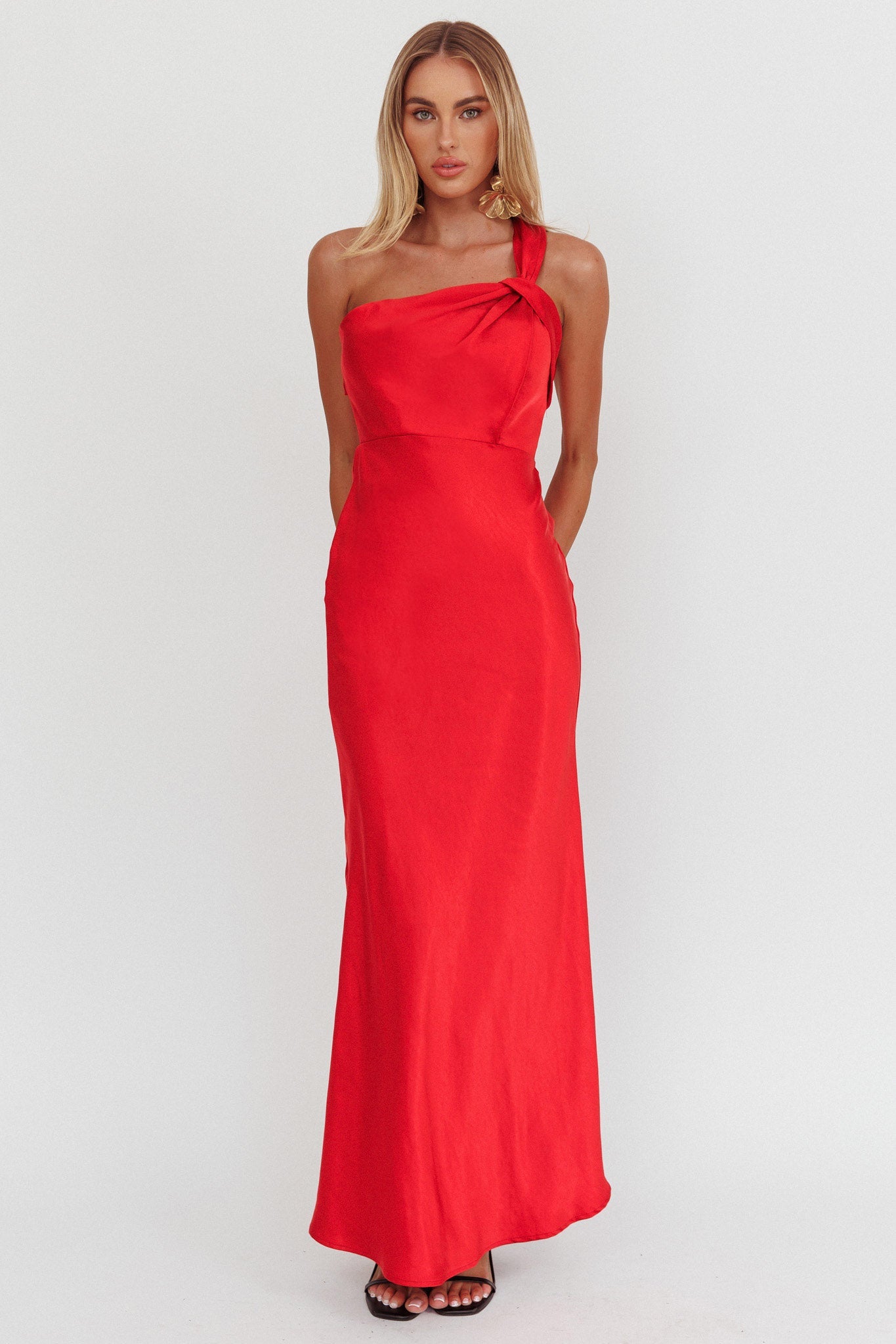 Abito lungo monospalla in raso Fly Love rosso