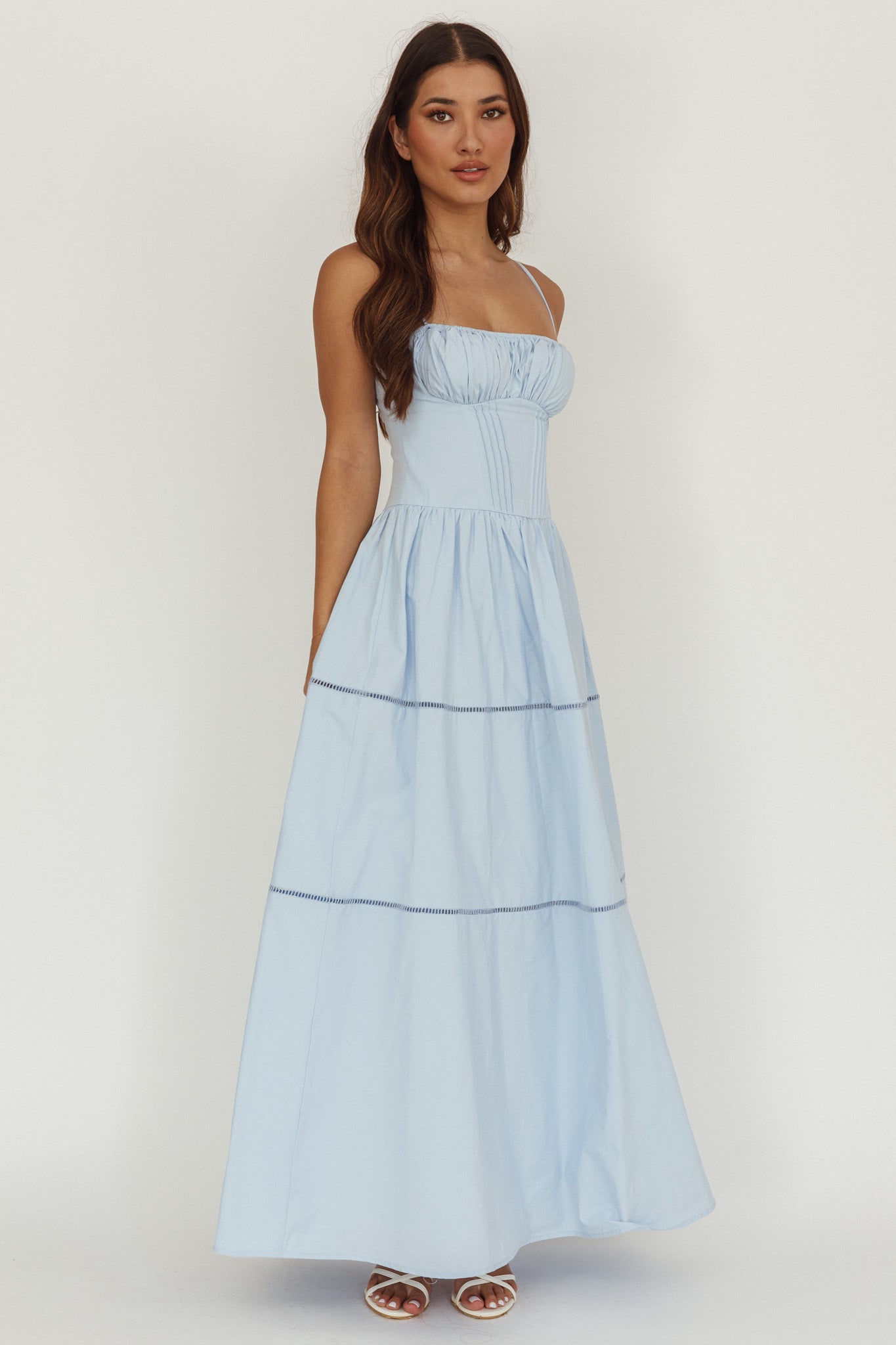Abito lungo a trapezio con scollo a V e arricciature Heavenly Glow, blu