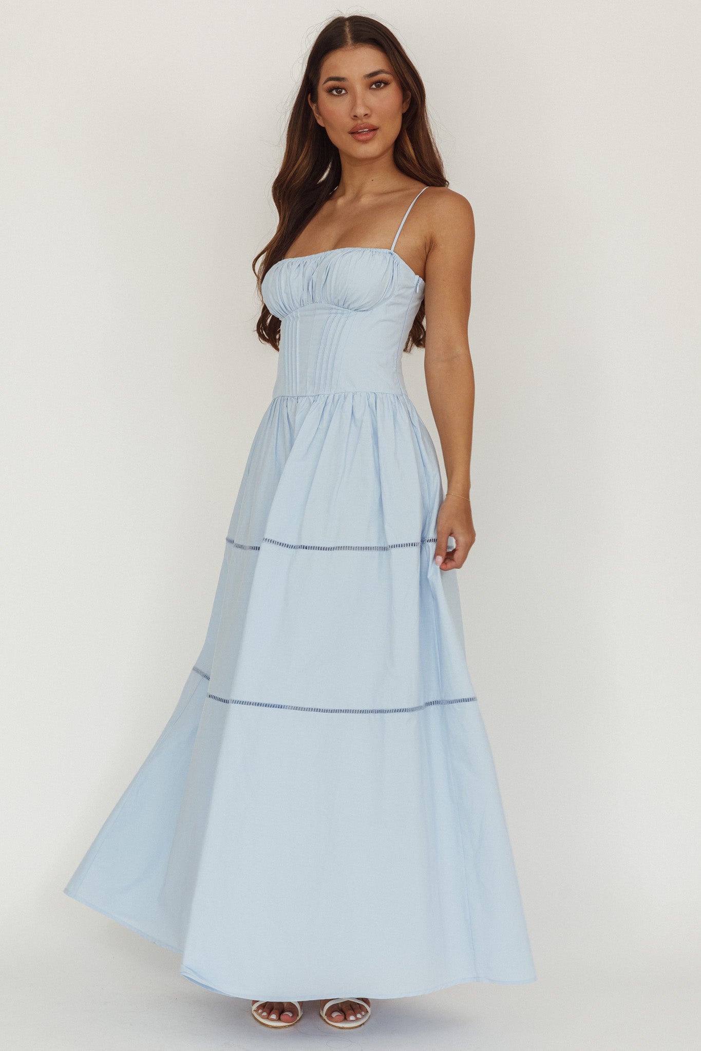Abito lungo a trapezio con scollo a V e arricciature Heavenly Glow, blu