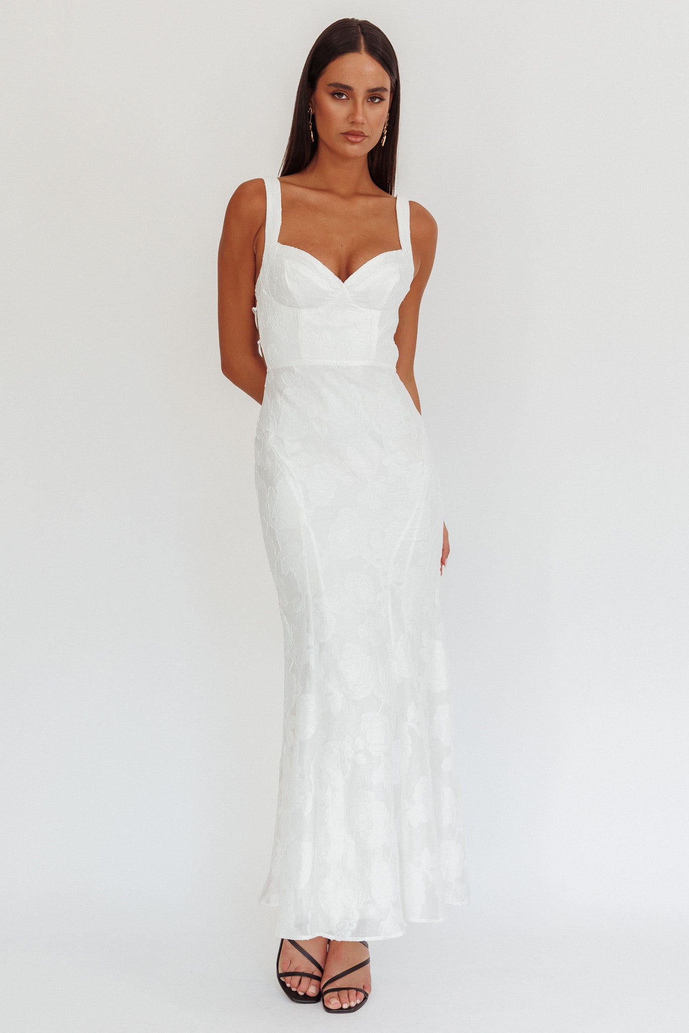 Abito lungo con spalline posteriori Autumn Moon, bianco testurizzato