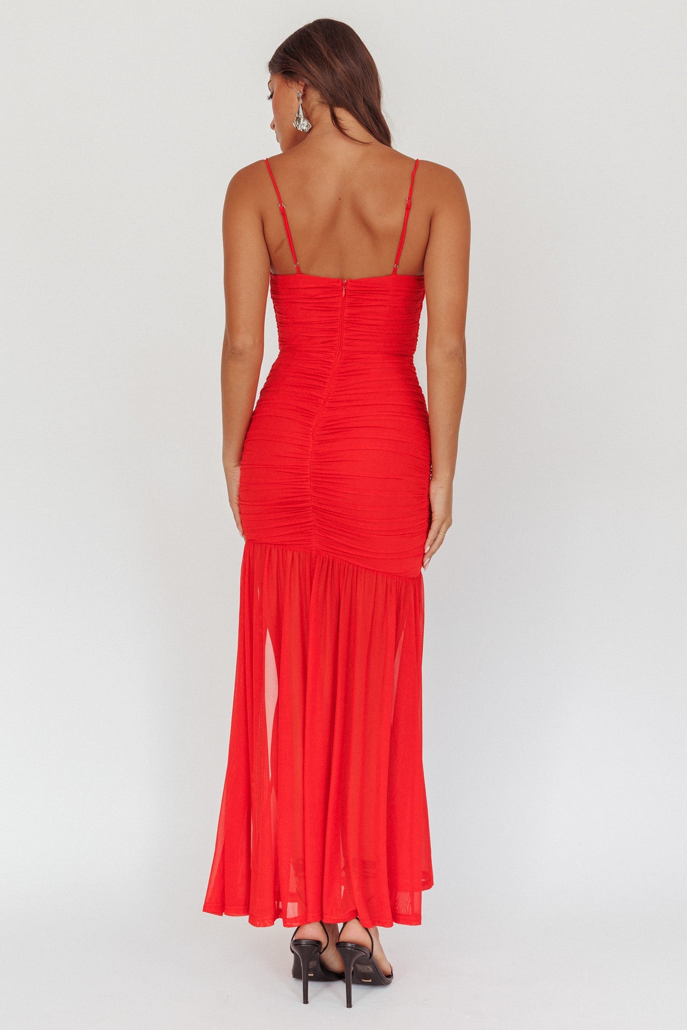 Abito lungo in rete arricciata rosso "Stole The Show"