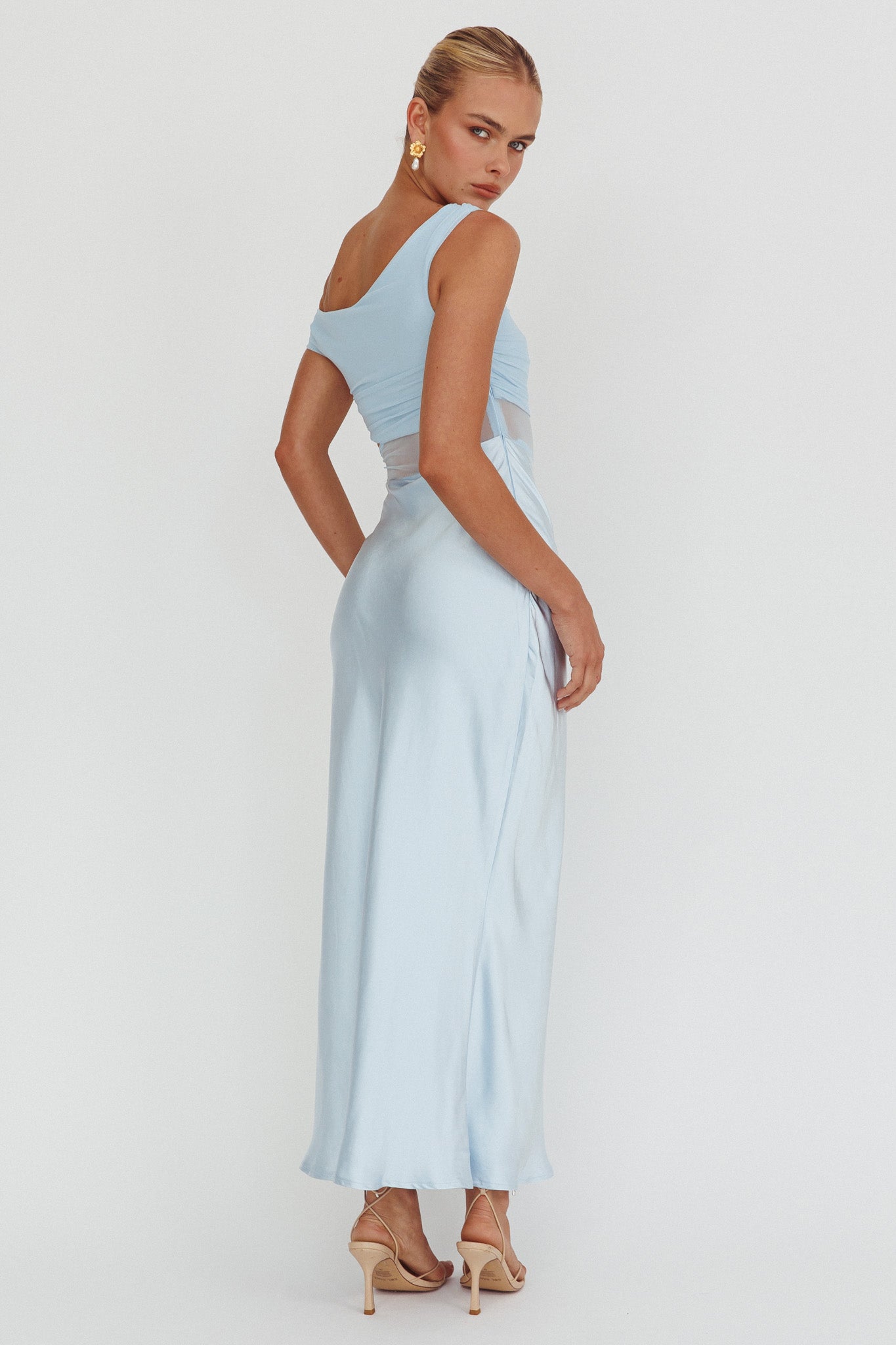 Abito lungo con corpetto in rete In Blooms blu