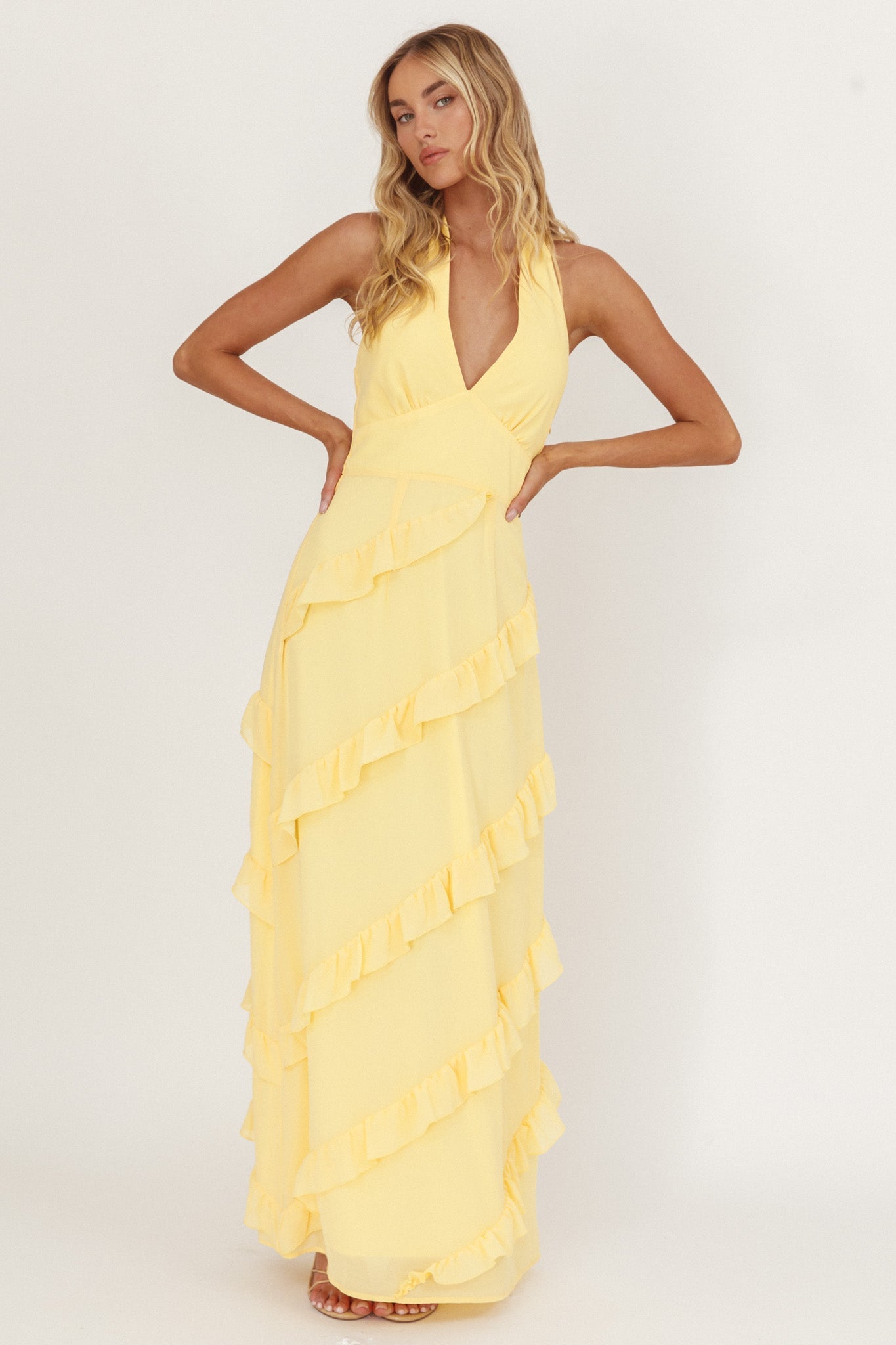 Abito lungo con volant e scollo all'americana Flirt Limone