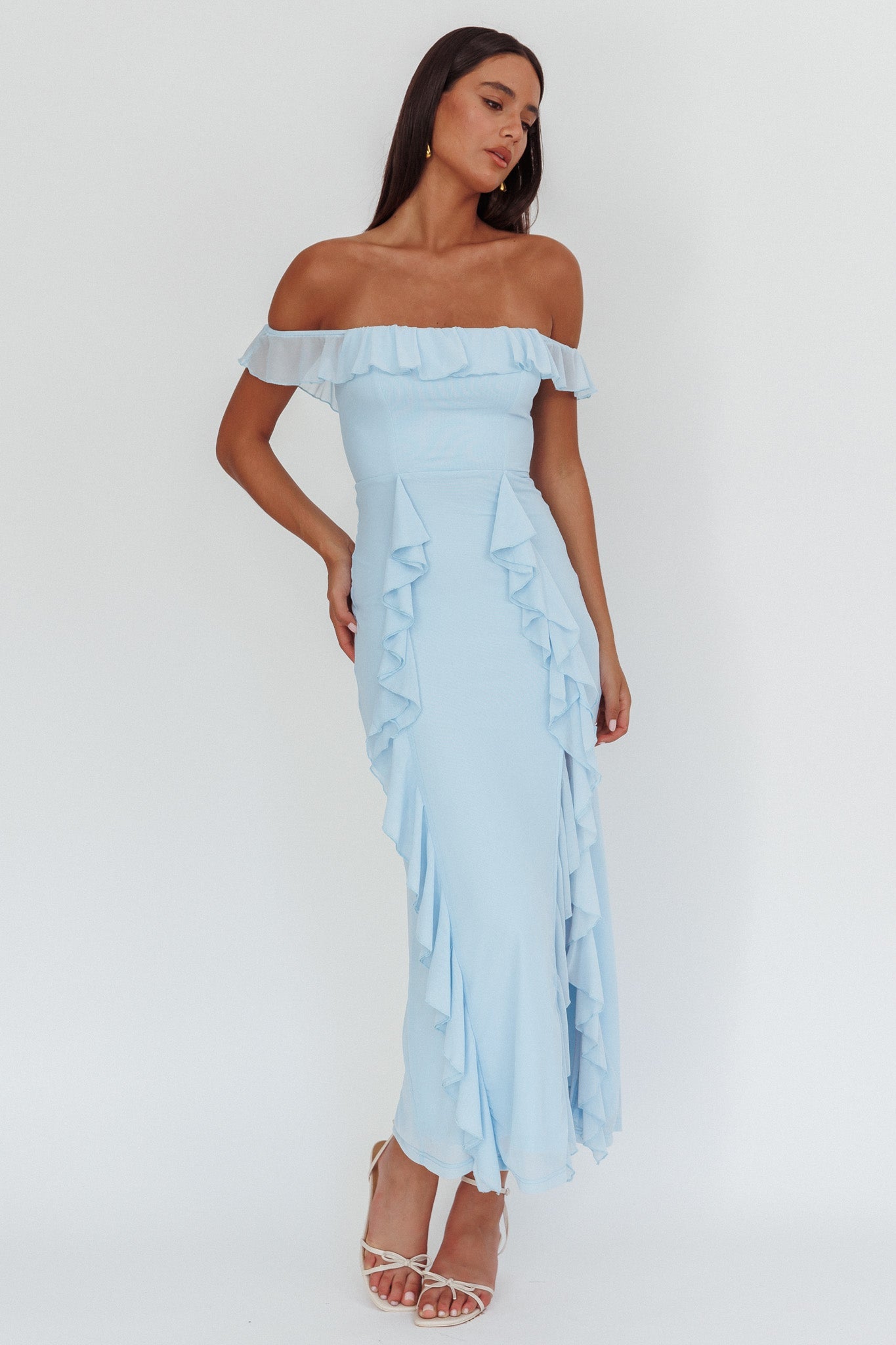 Abito lungo con volant e spalle scoperte in stile flamenco, blu