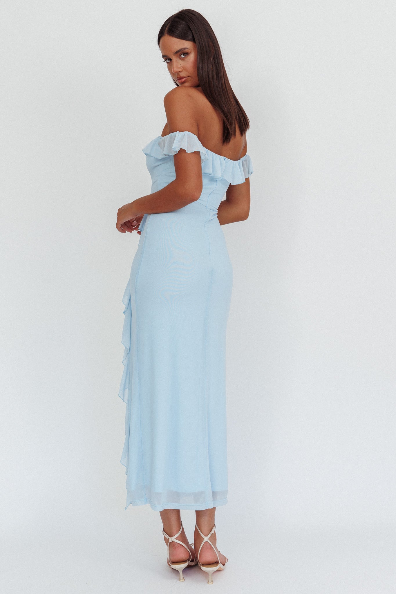 Abito lungo con volant e spalle scoperte in stile flamenco, blu