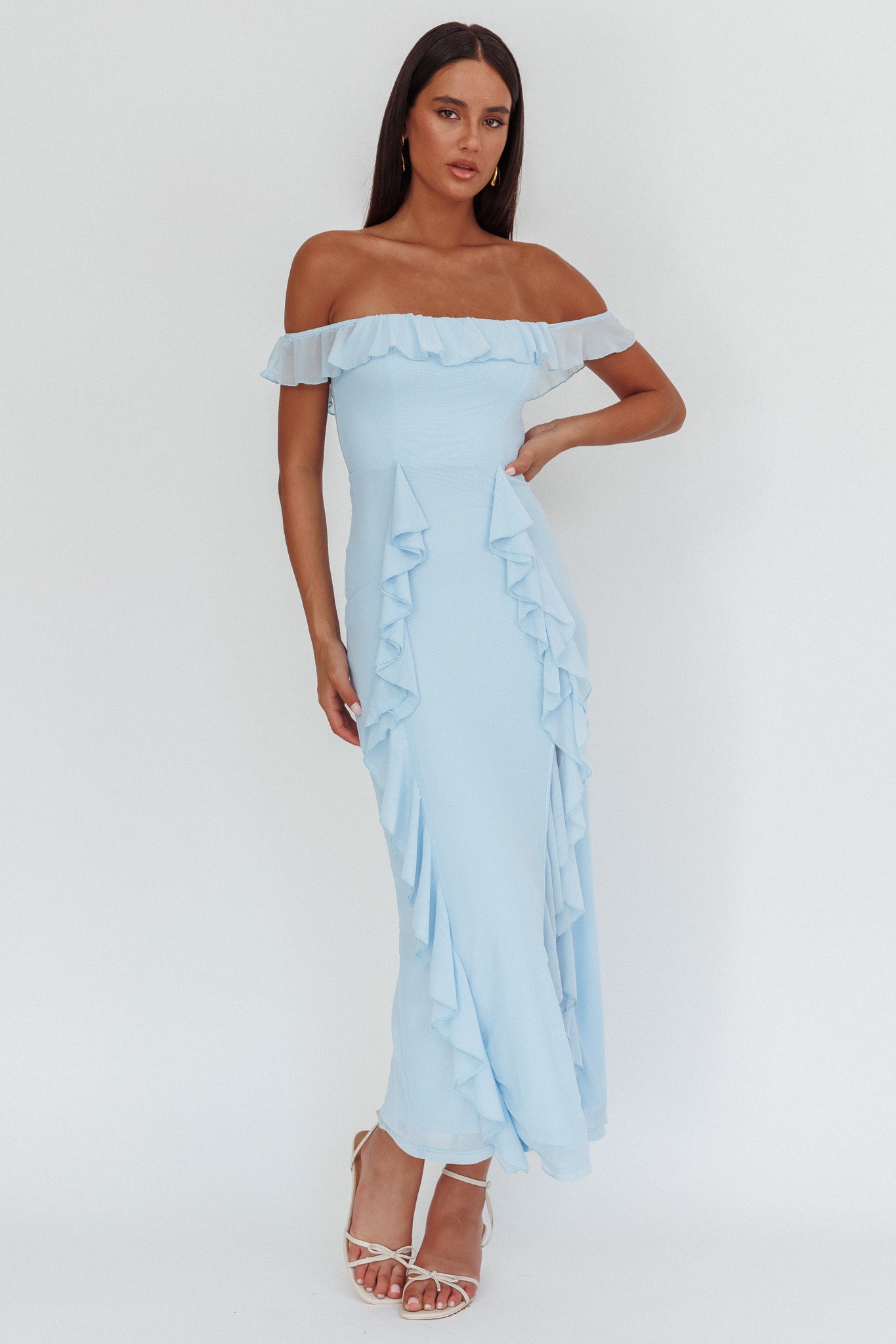 Abito lungo con volant e spalle scoperte in stile flamenco, blu
