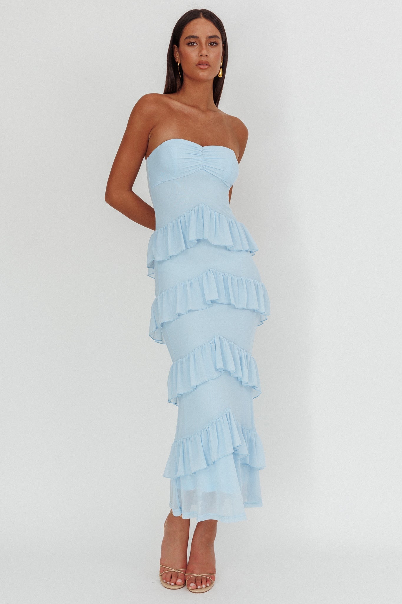 Abito lungo con scollo a cuore e volant Dulce Dreams blu