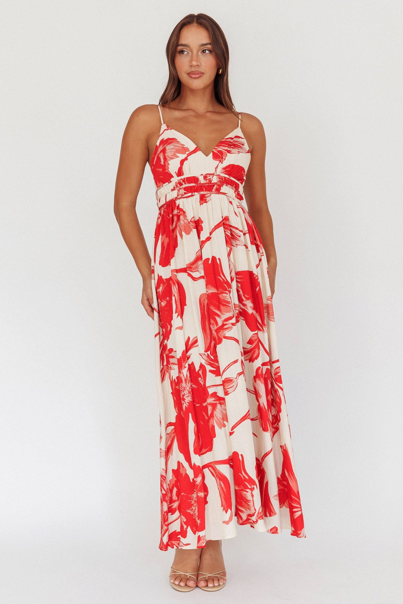 Abito lungo con vita arricciata Sunny Afternoon, rosa floreale