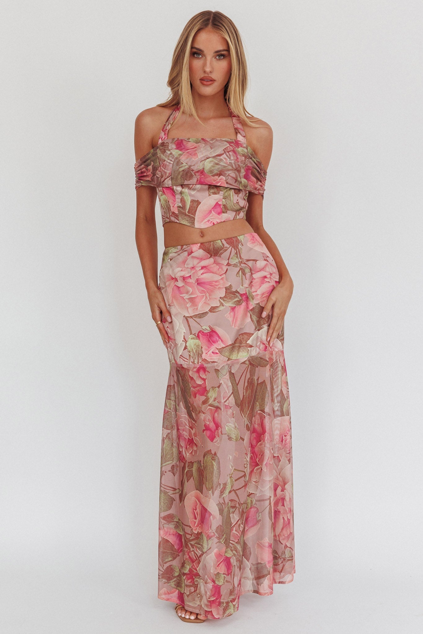 Top corto con scollo all'americana alto Sunset Floral Blush
