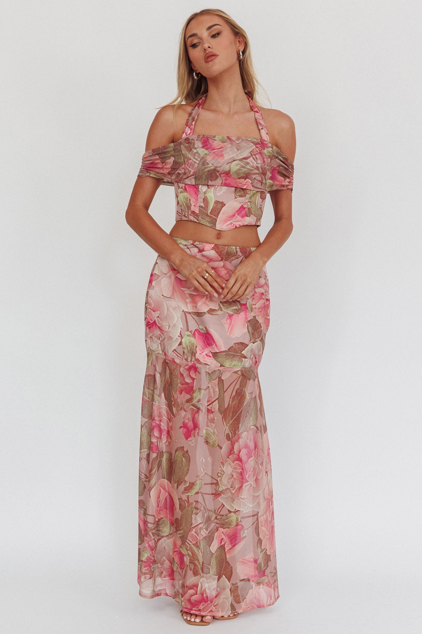 Top corto con scollo all'americana alto Sunset Floral Blush