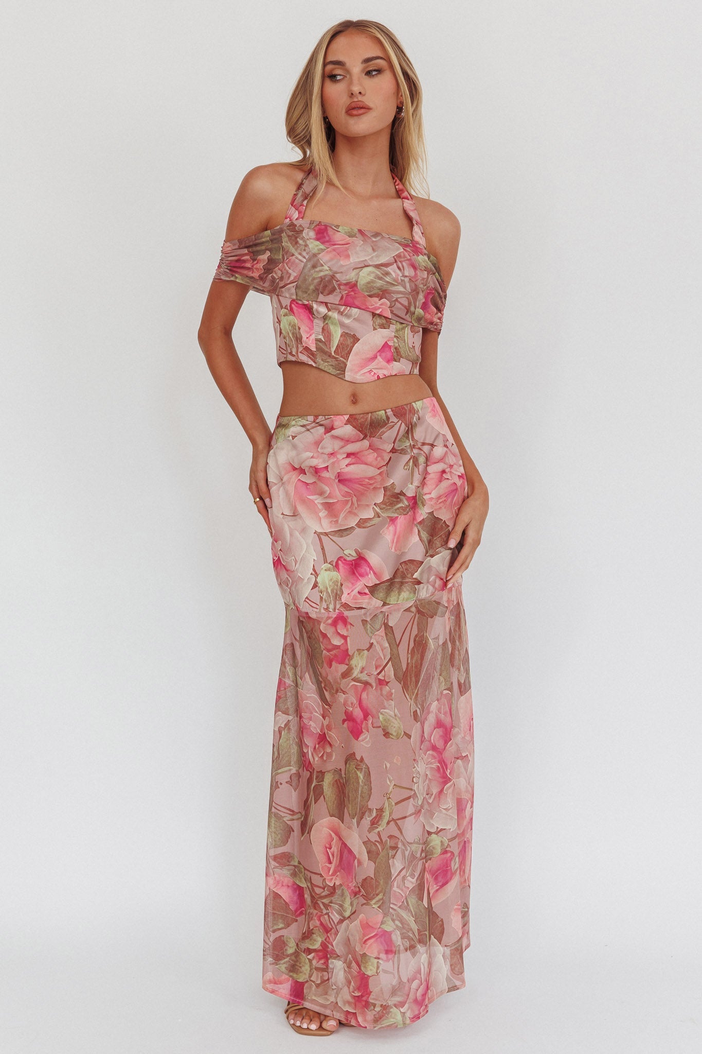 Top corto con scollo all'americana alto Sunset Floral Blush