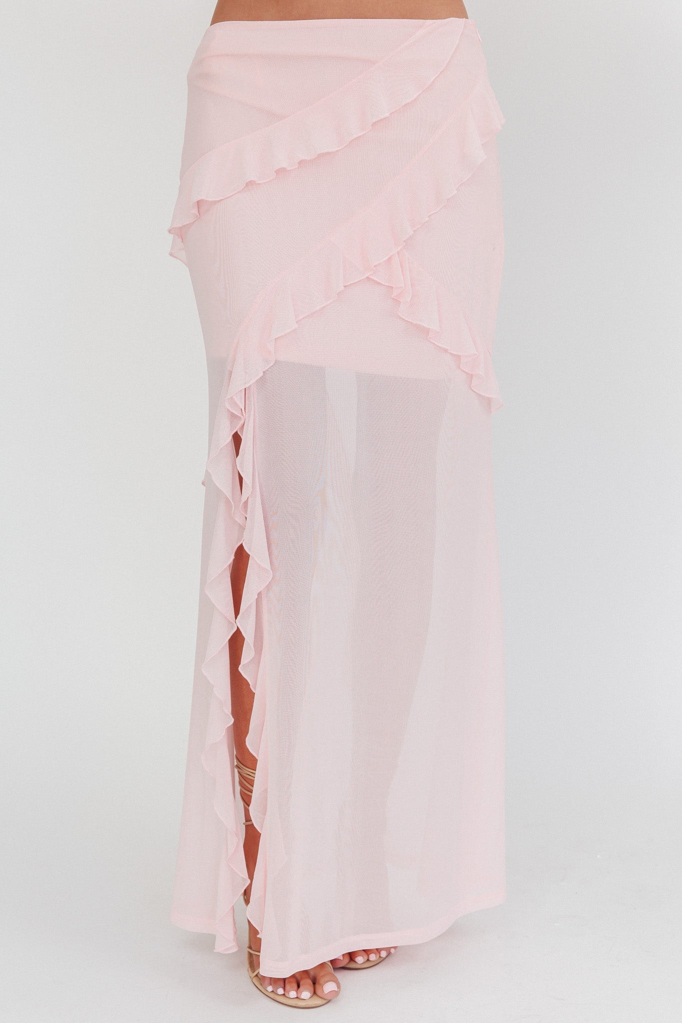 Gonna midi con spacco e volant color zucchero glassato, rosa
