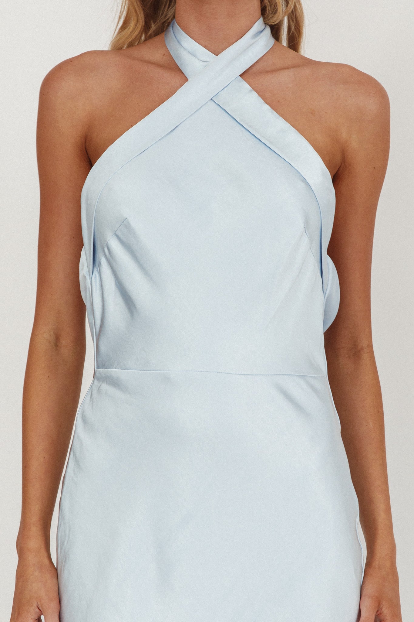 Italia Azure Crossover Halterneck Maxi Dress Ice Blue