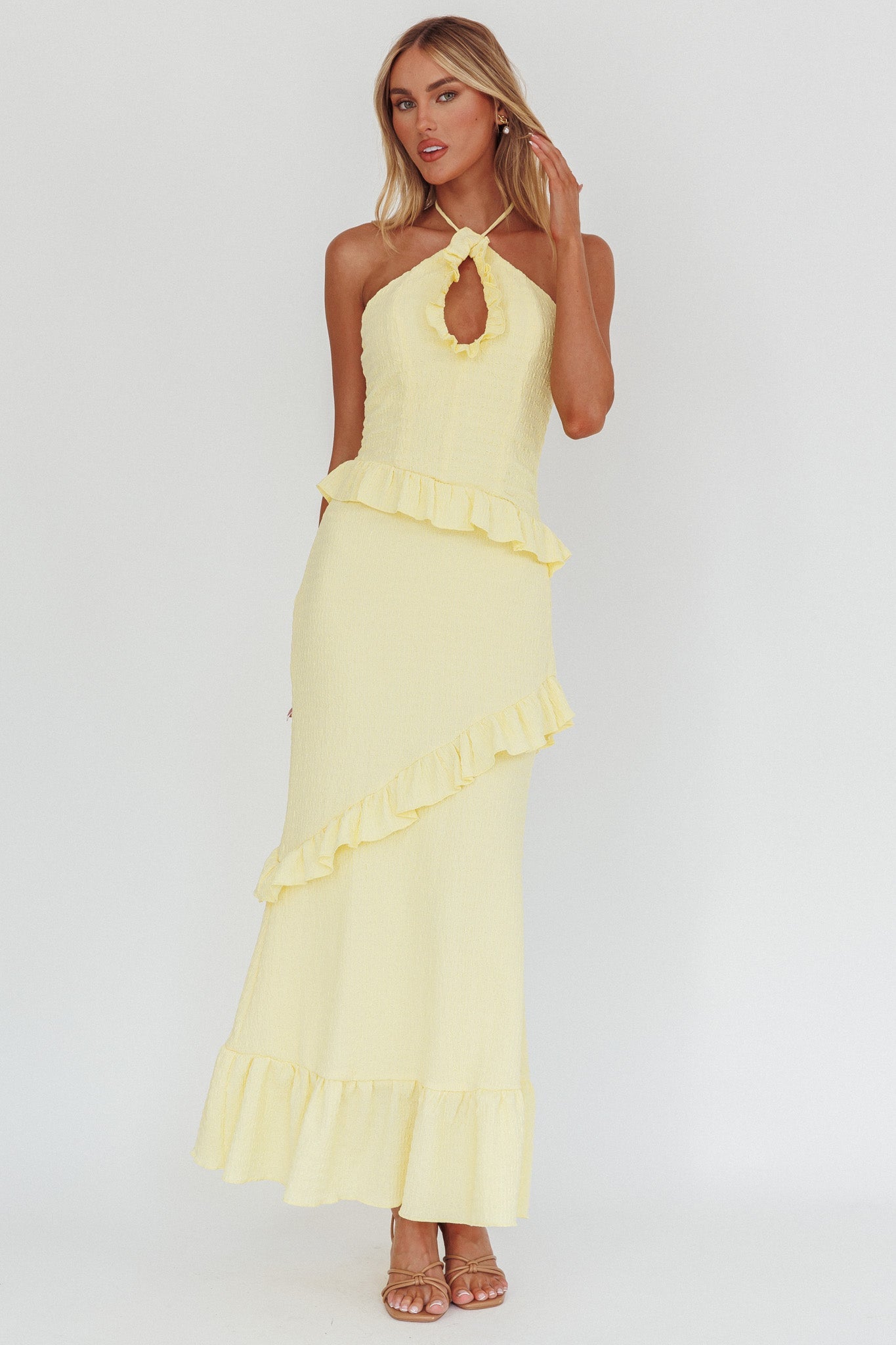 Abito lungo con volant e arricciature Clemence color limone