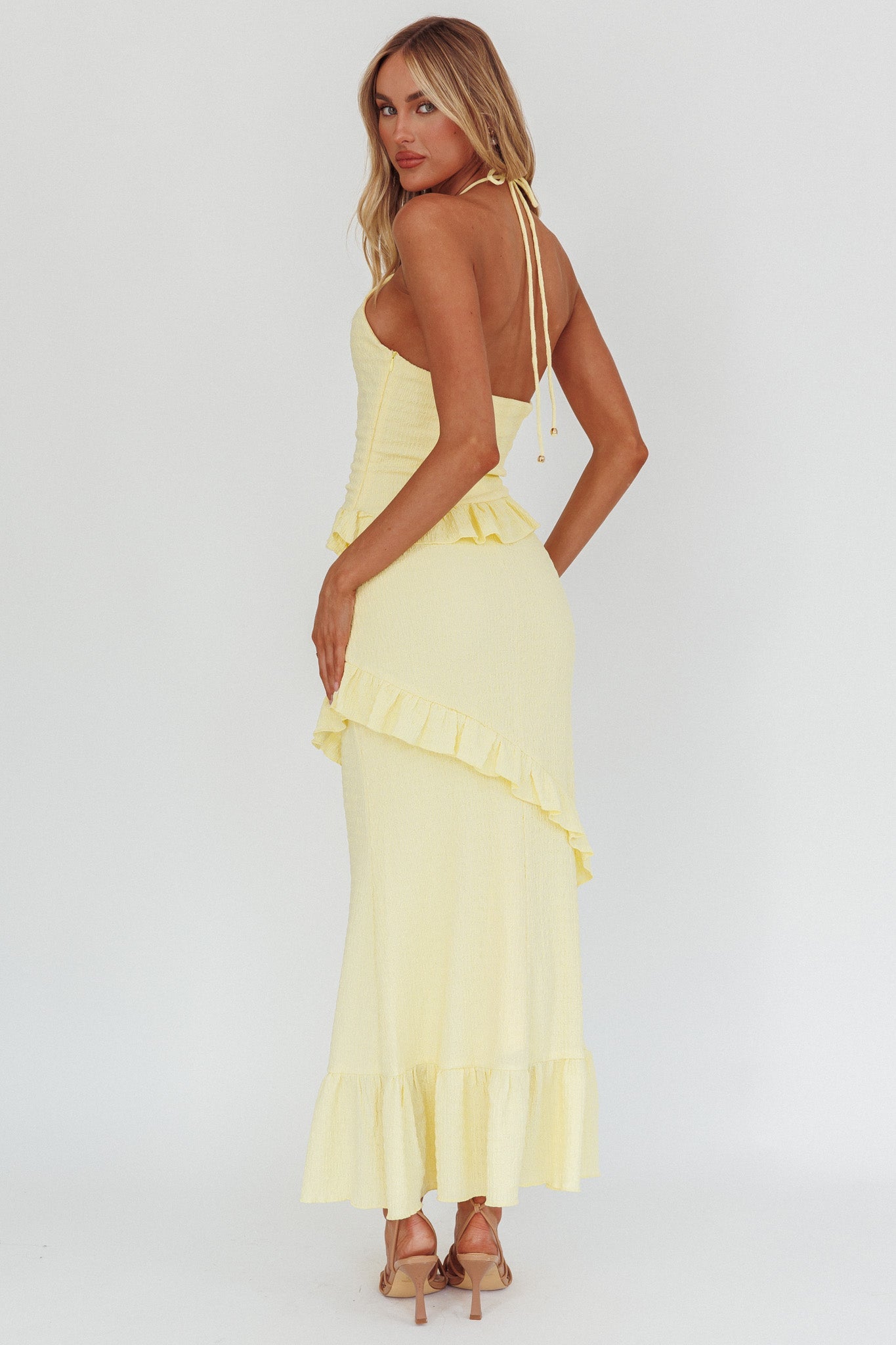 Abito lungo con volant e arricciature Clemence color limone