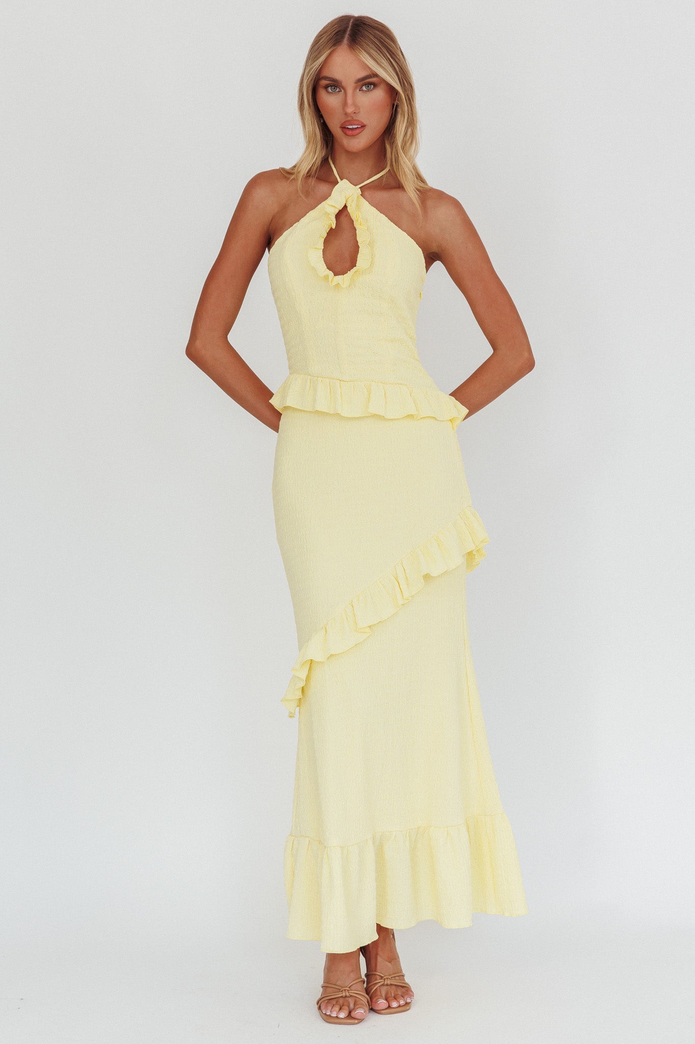 Abito lungo con volant e arricciature Clemence color limone