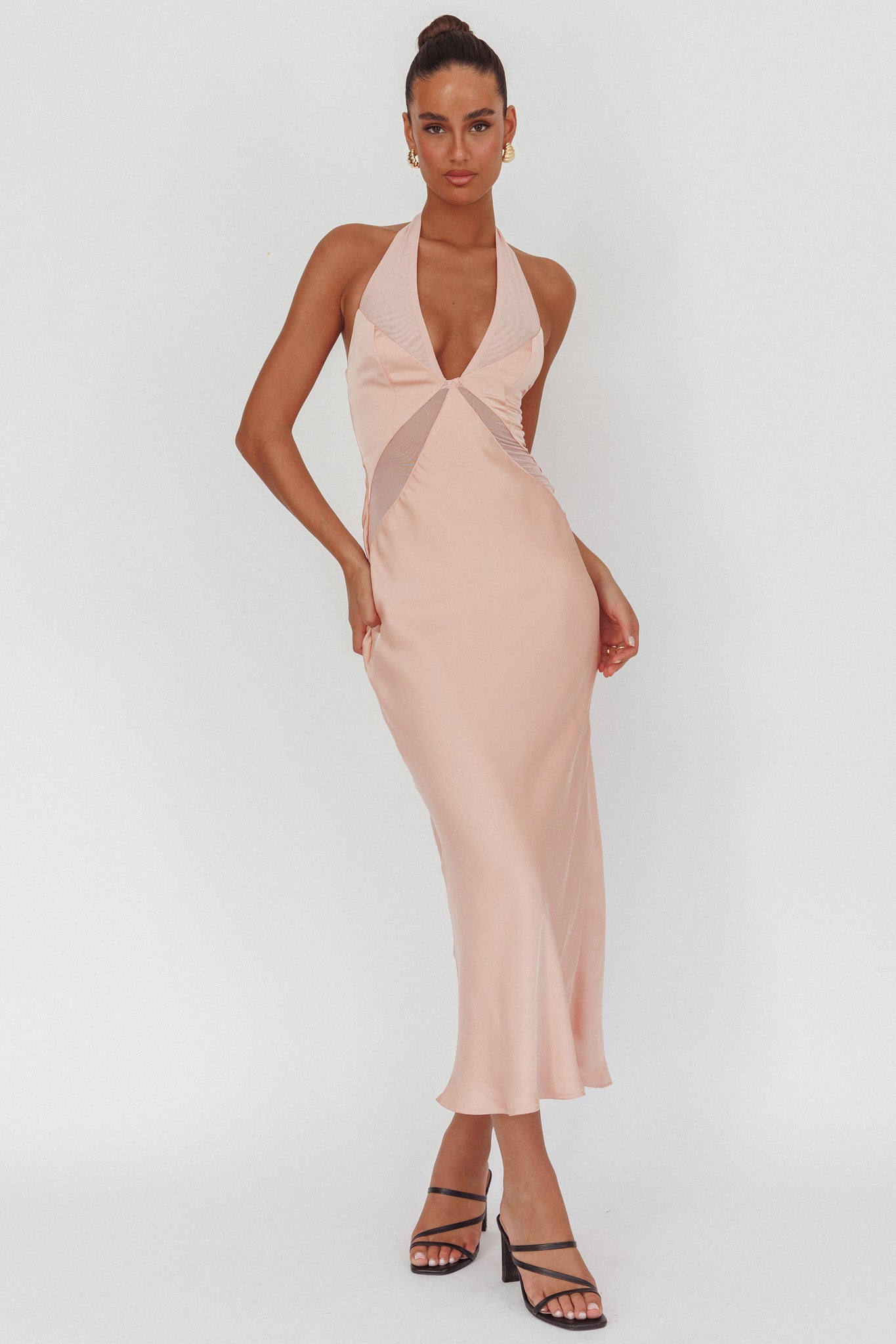 Abito lungo con scollo all'americana e pannello trasparente Kasi, rosa