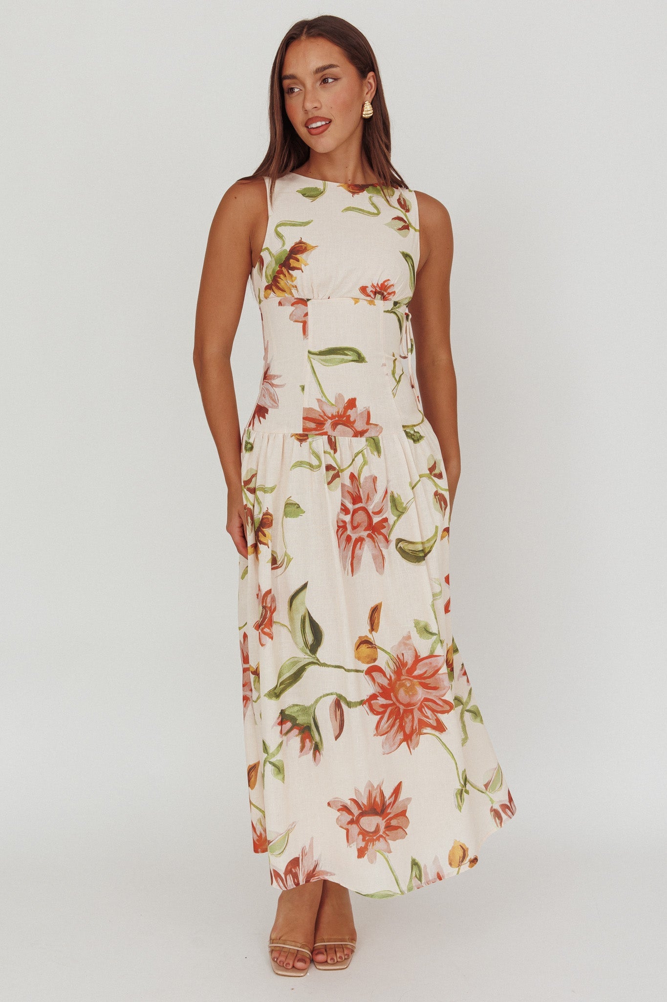 Abito lungo a vita bassa Audraya floreale beige