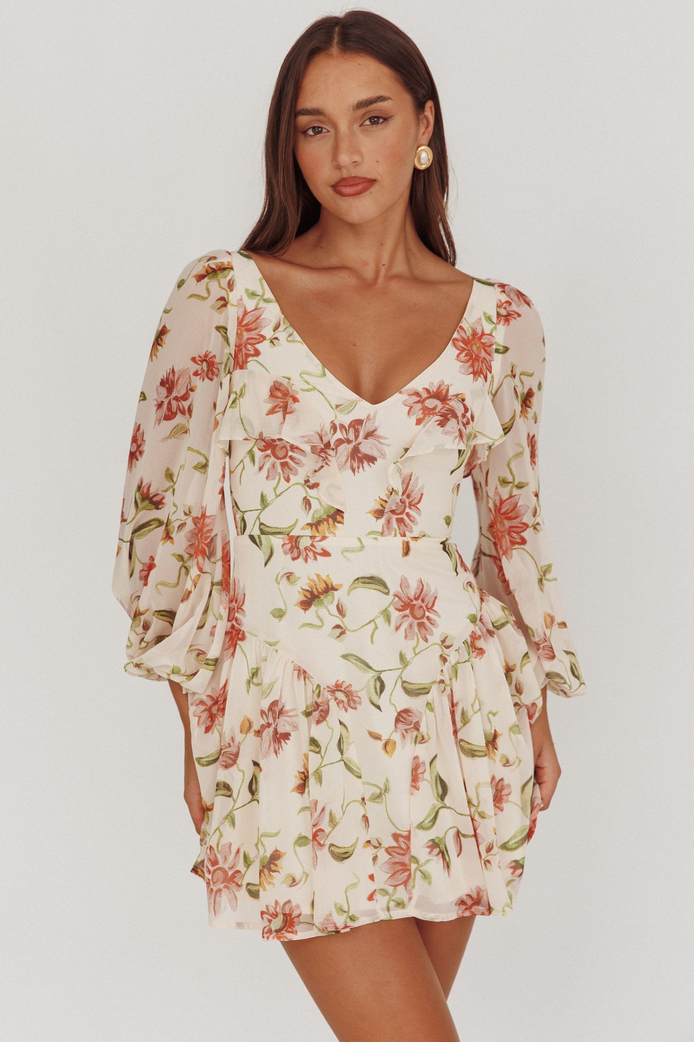 Mini abito con maniche a palloncino Lucky One floreale beige