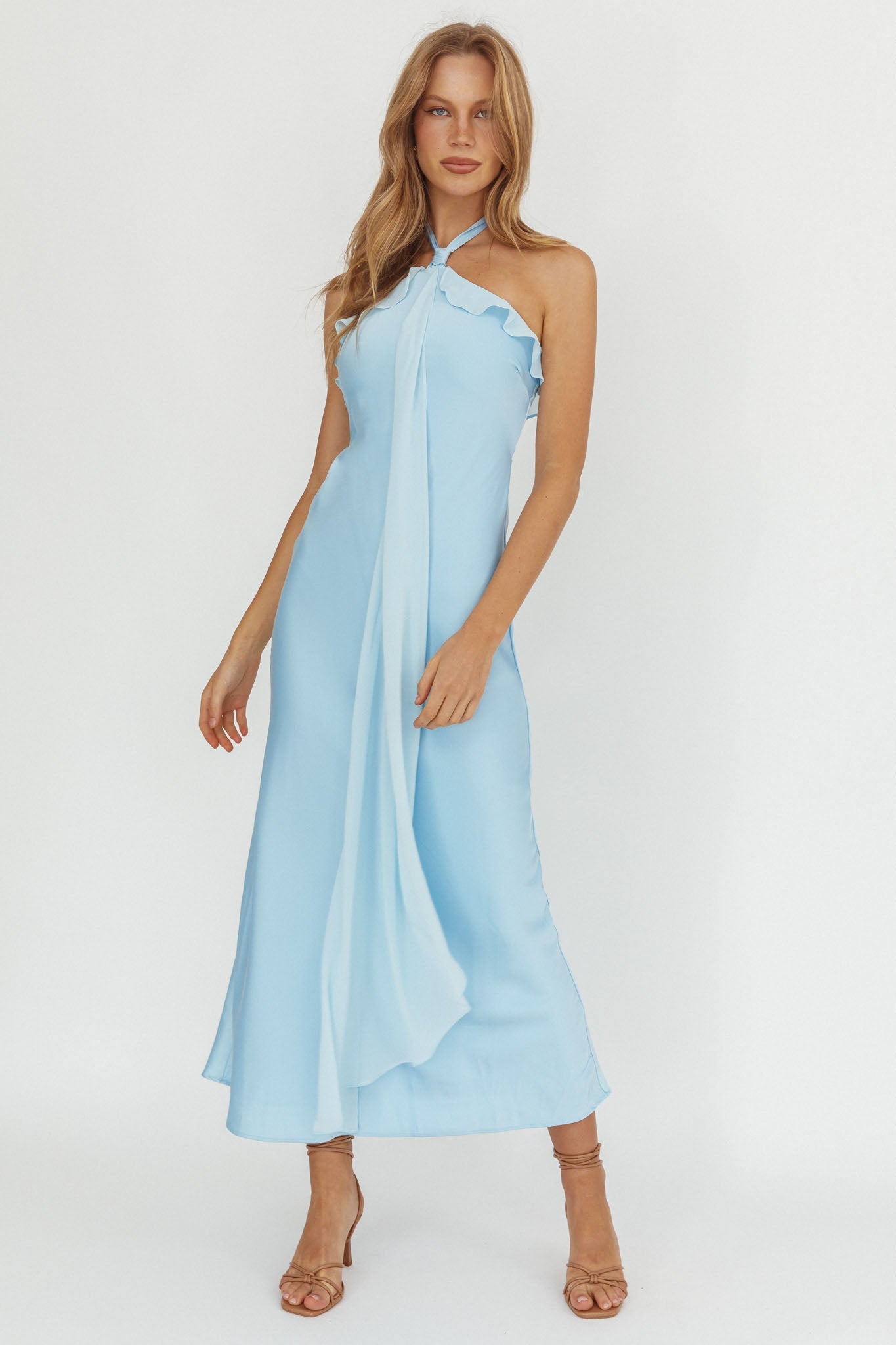 Abito lungo con fascia e scollo all'americana Starlet azzurro