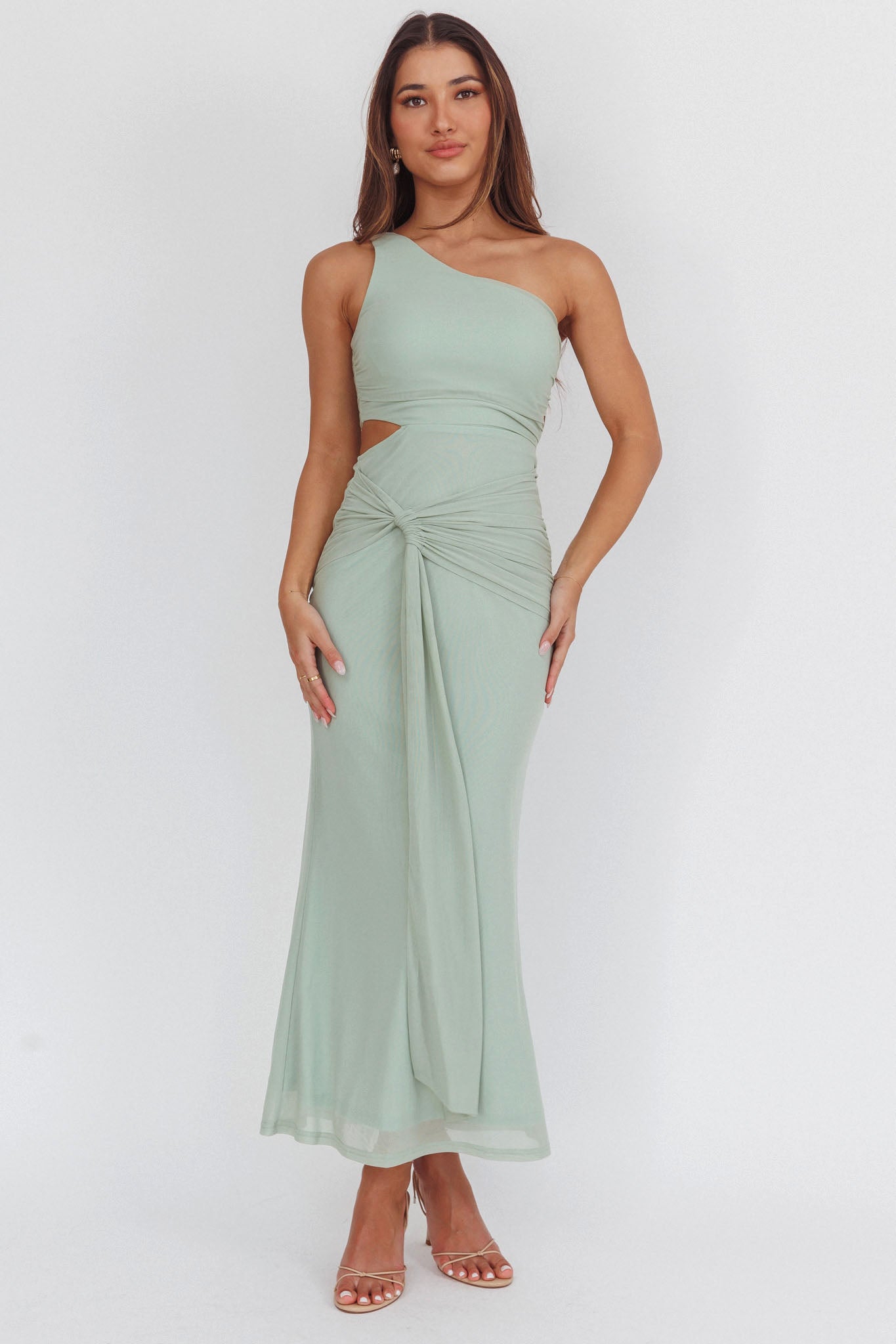 Abito lungo monospalla con cut-out Luli color salvia