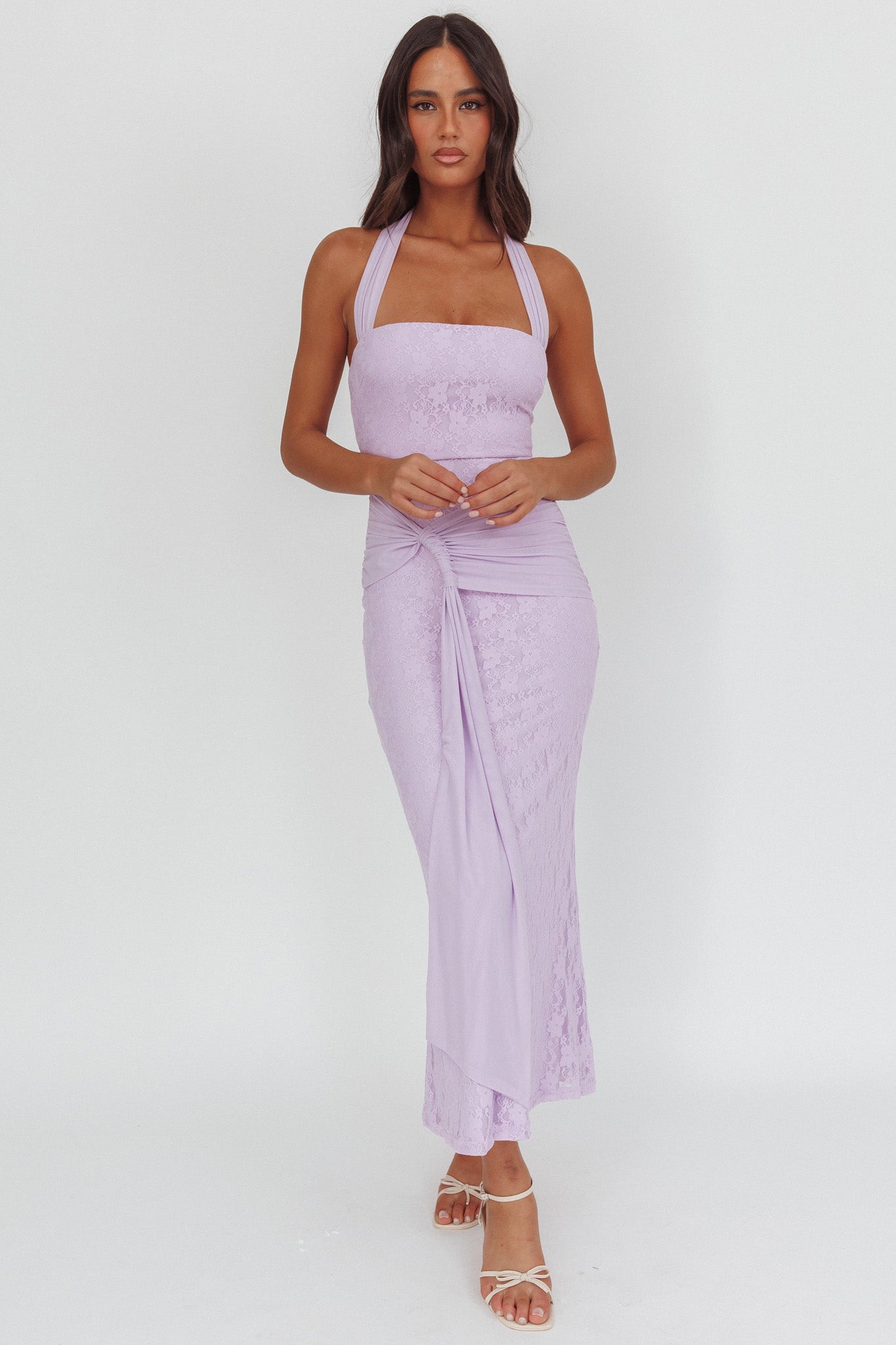 Luli Waist Sash Halter Maxi Dress in pizzo lilla