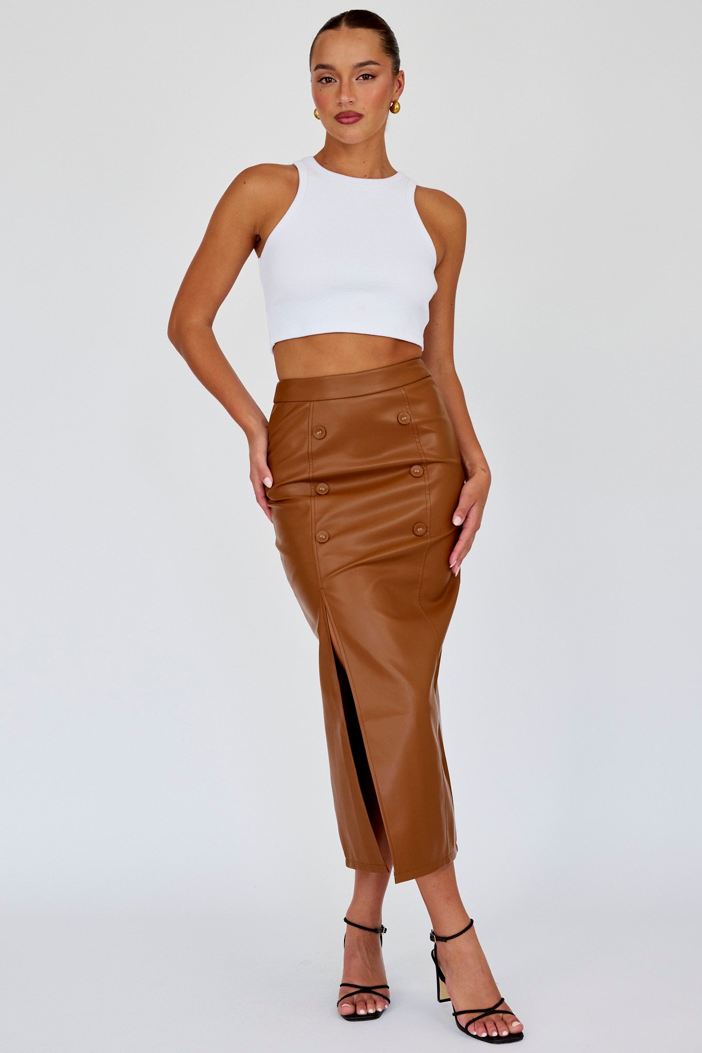 Gonna midi in similpelle Kane marrone