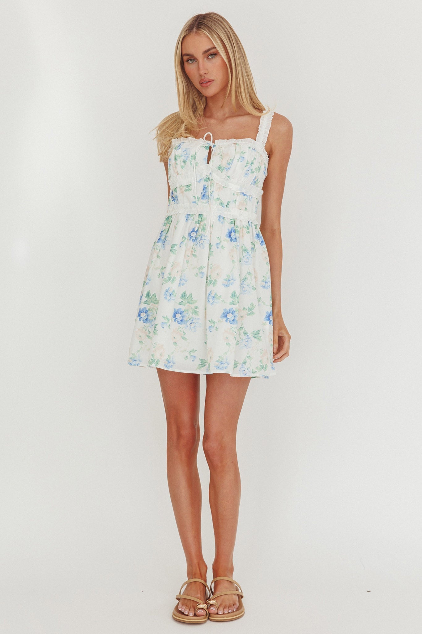 Jordanne Mini abito con volant e fiori blu