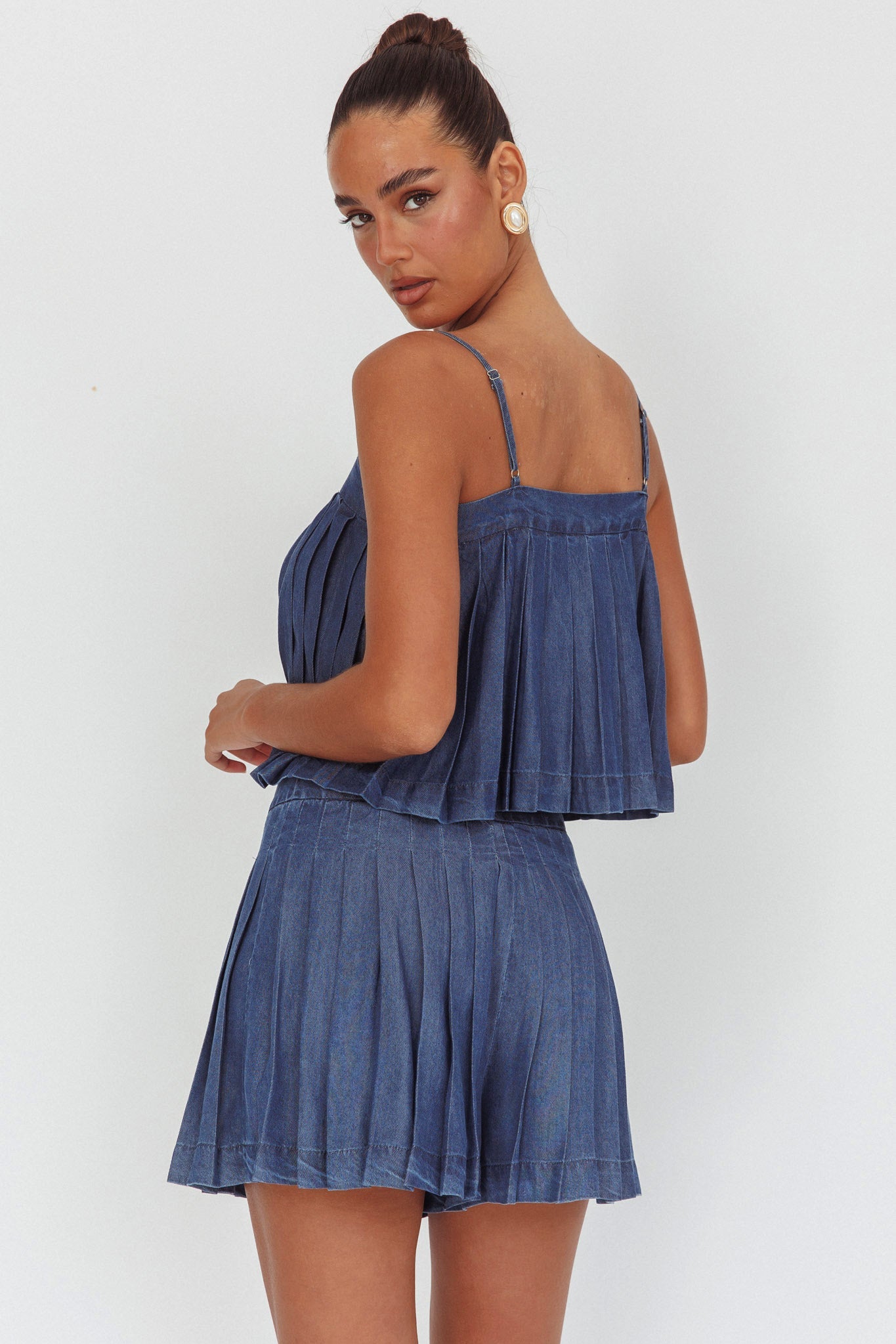 Pantaloncini a vita alta plissettati Country Girl in denim scuro