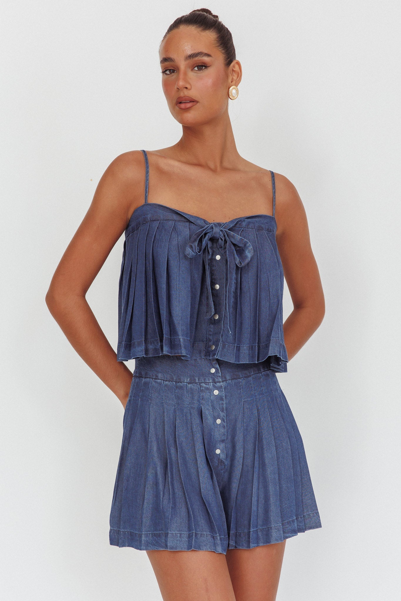 Pantaloncini a vita alta plissettati Country Girl in denim scuro