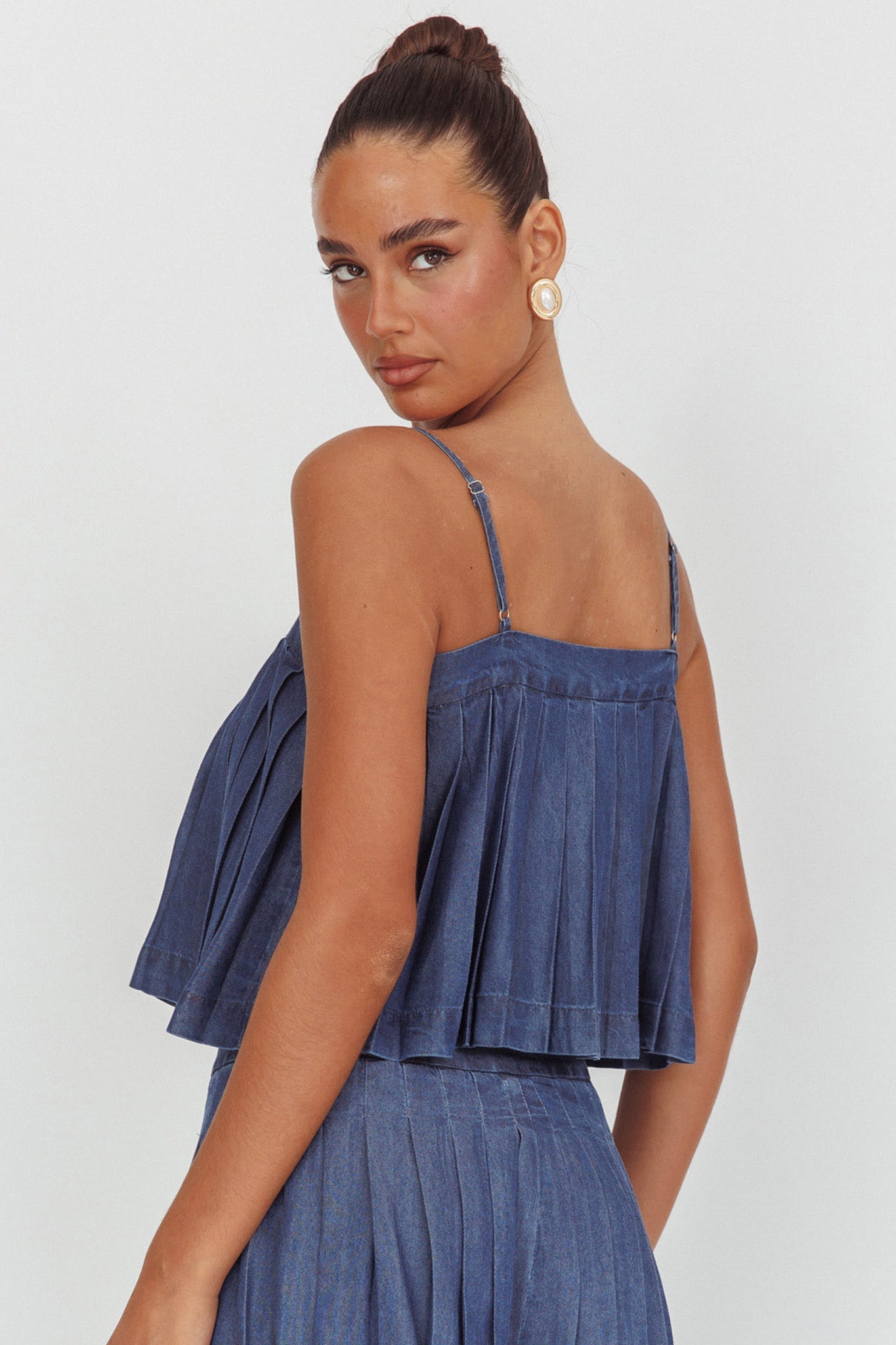 Top plissettato Country Girl in denim scuro