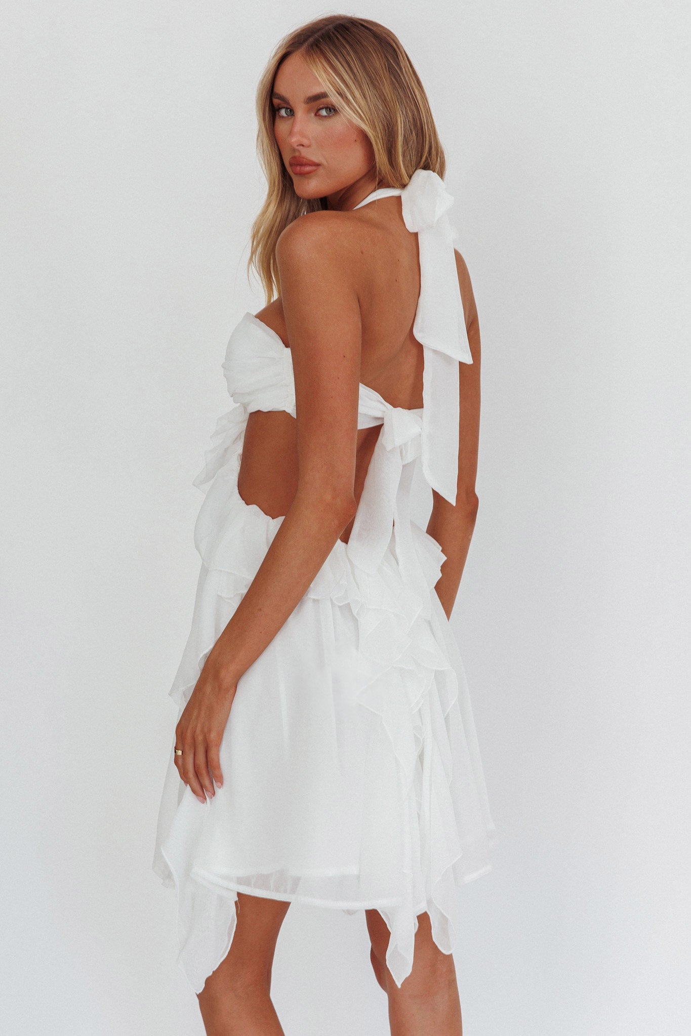 Mini abito Santiago con volant e cut-out bianco
