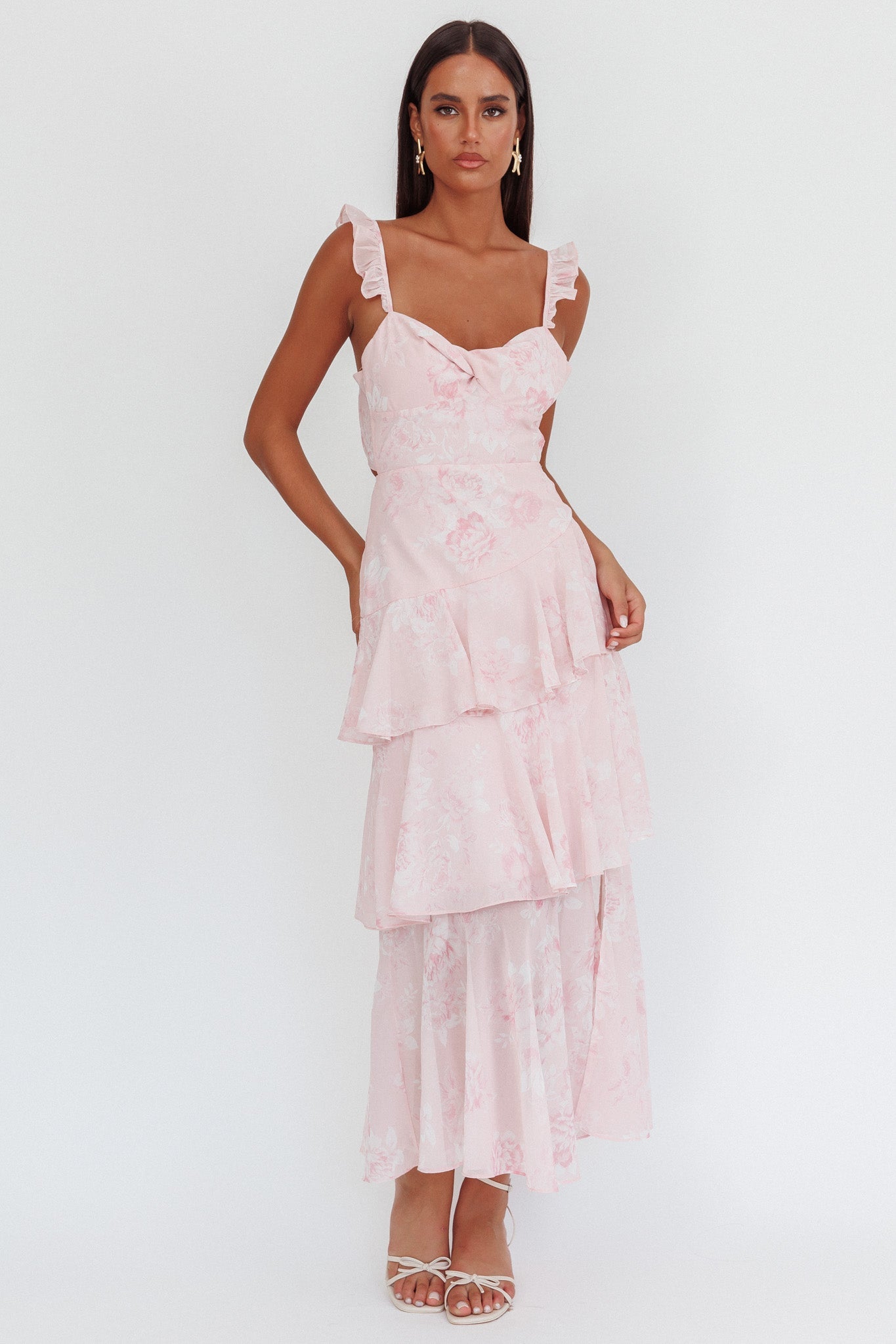 Abito lungo con spalline e volant Veda Roses Blush