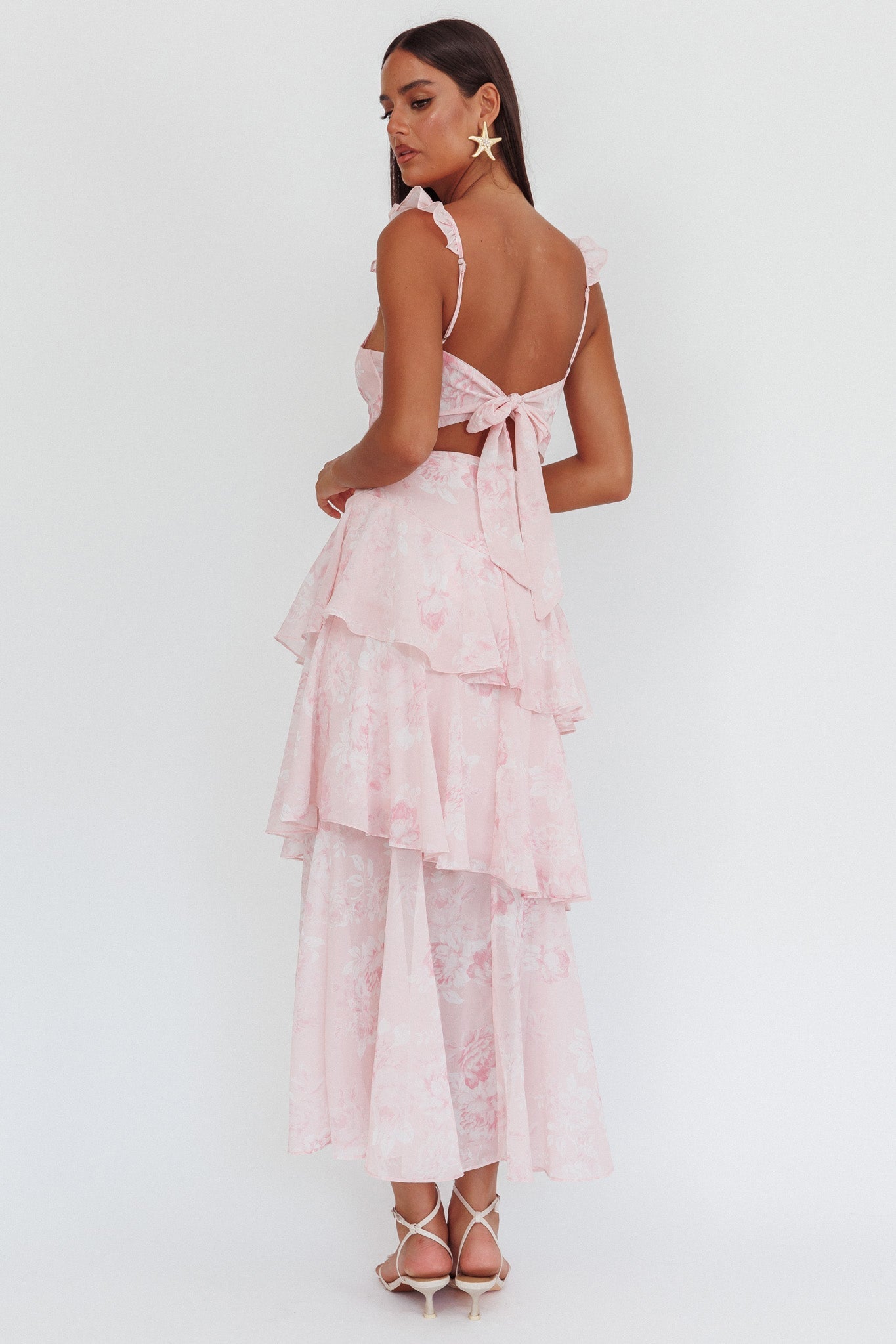 Abito lungo con spalline e volant Veda Roses Blush