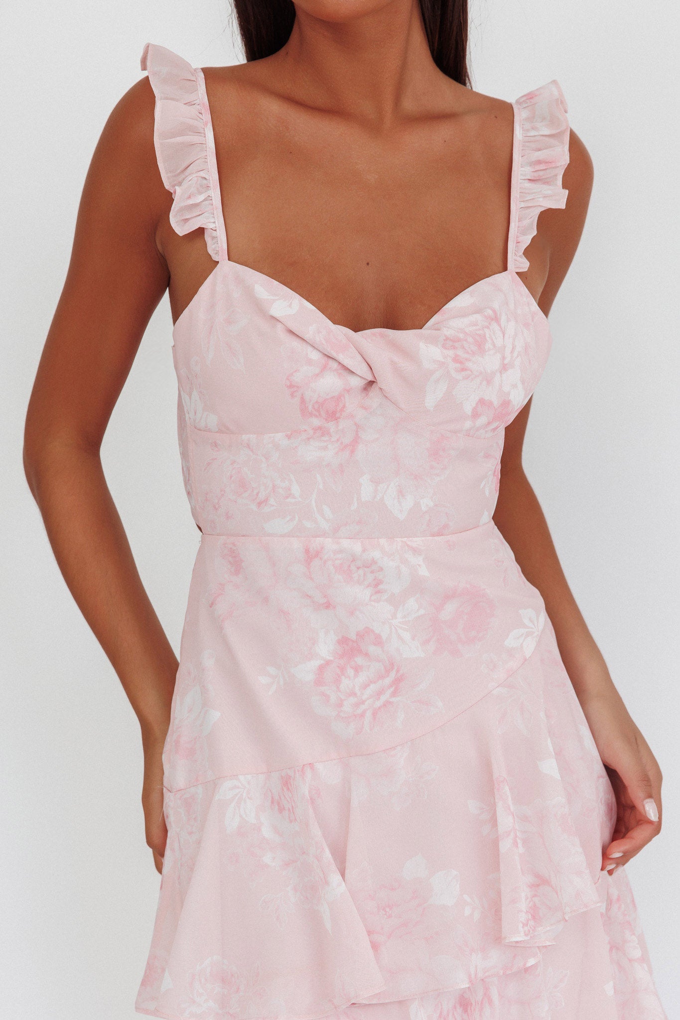 Abito lungo con spalline e volant Veda Roses Blush
